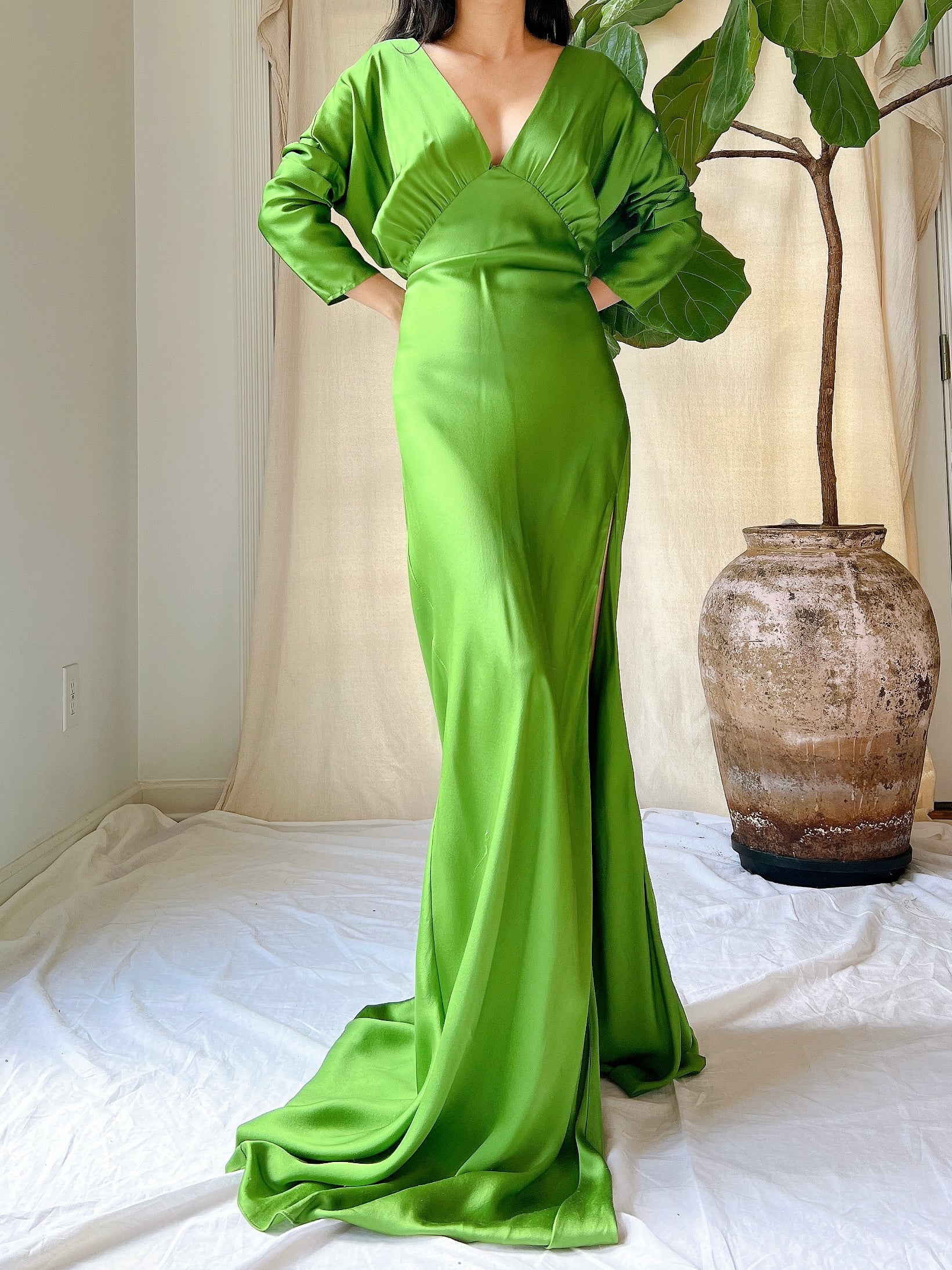 Apple Green Silk Bias Cut Gown - M