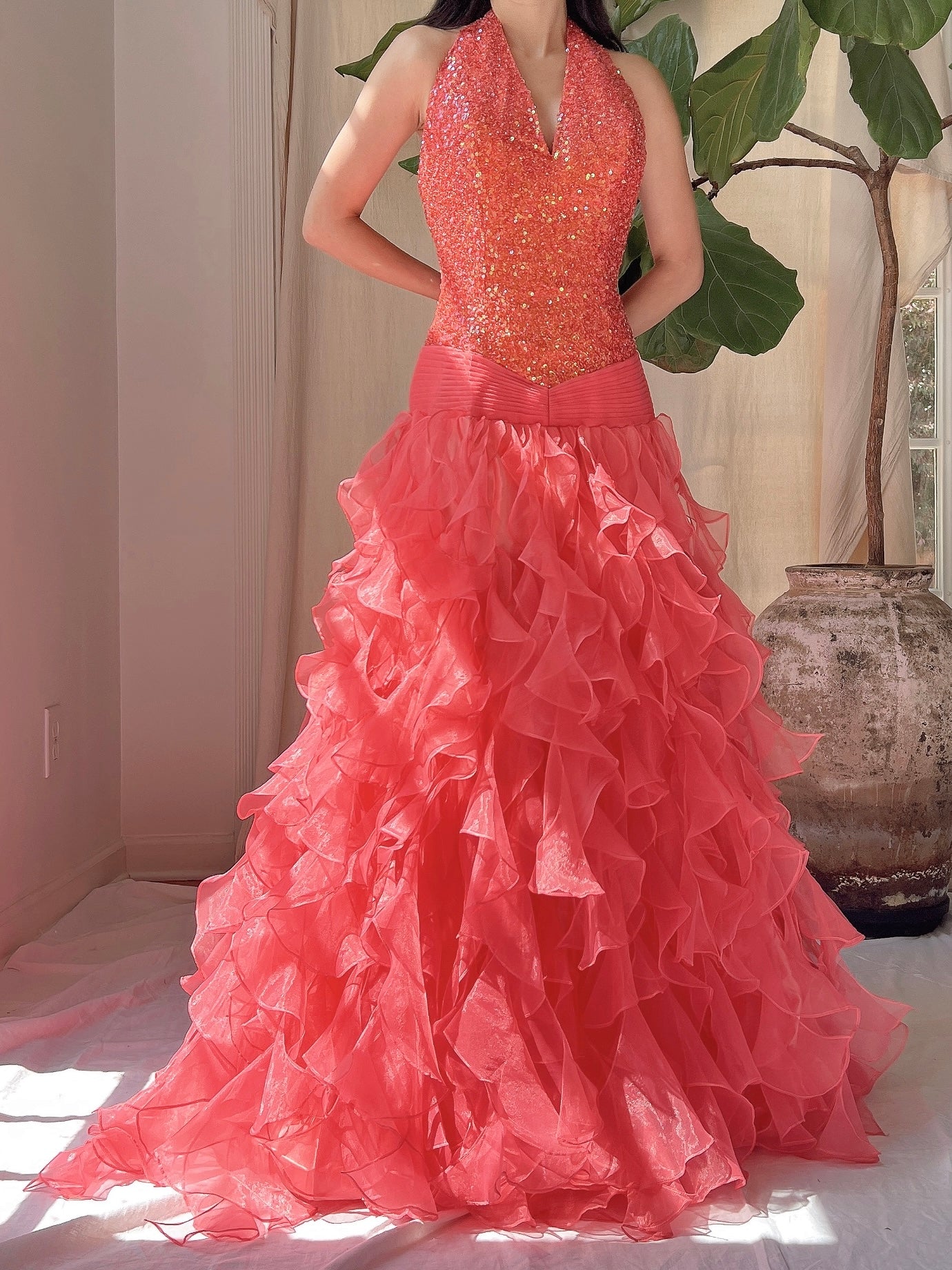 Vintage Coral Sequins Ruffle Skirt Gown - S