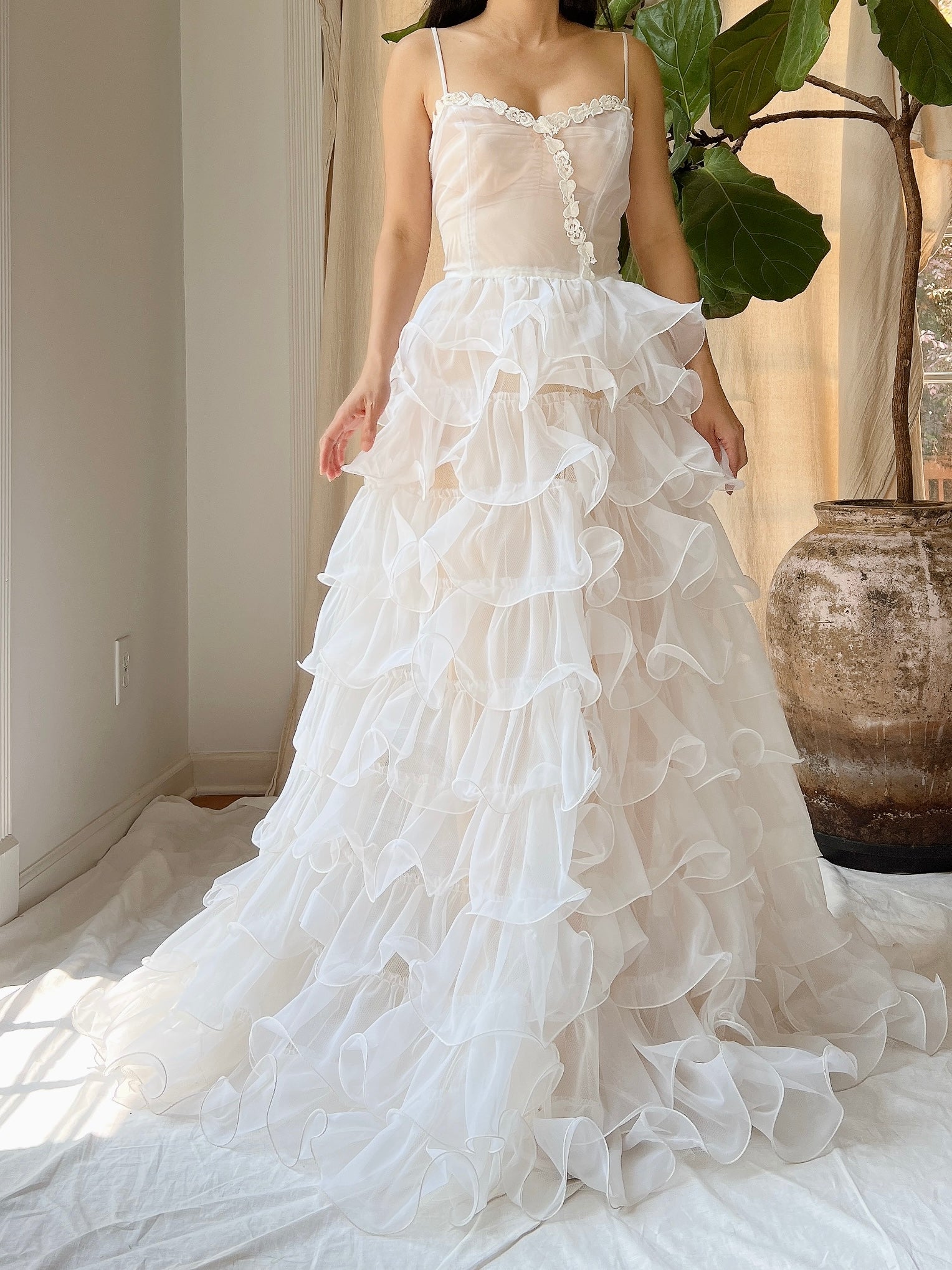 vintage ruffle wedding dress Vintage Sheer Ruffle Gown - XS