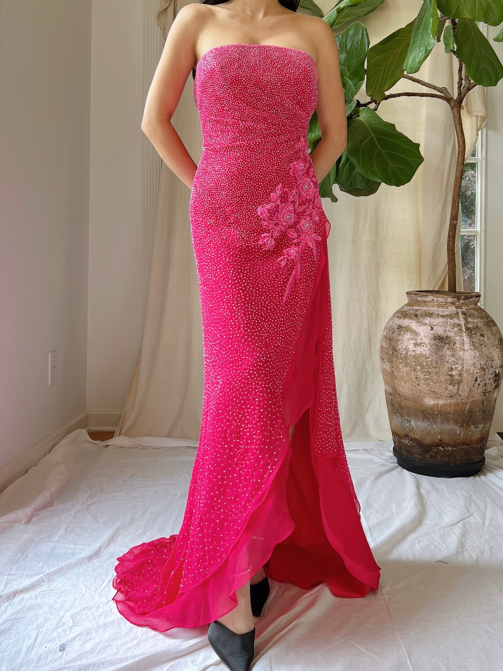 1990s Silk Strapless Beaded Gown - S