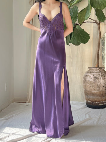 Vintage Purple Satin Side Split Slip Dress - M