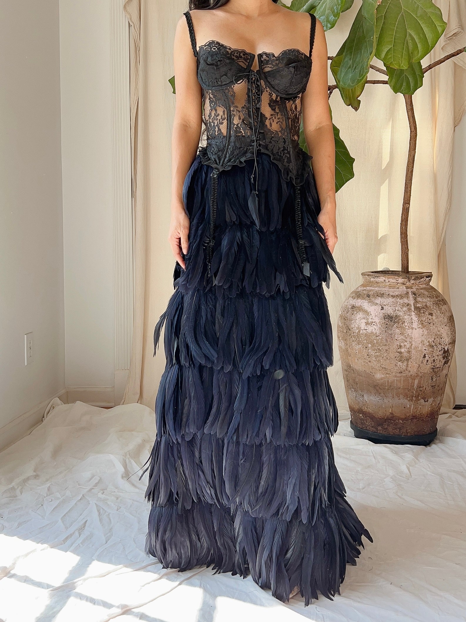 fawn black feather skirt bodycon dress Clara Feather Trim Midi Dress - Black