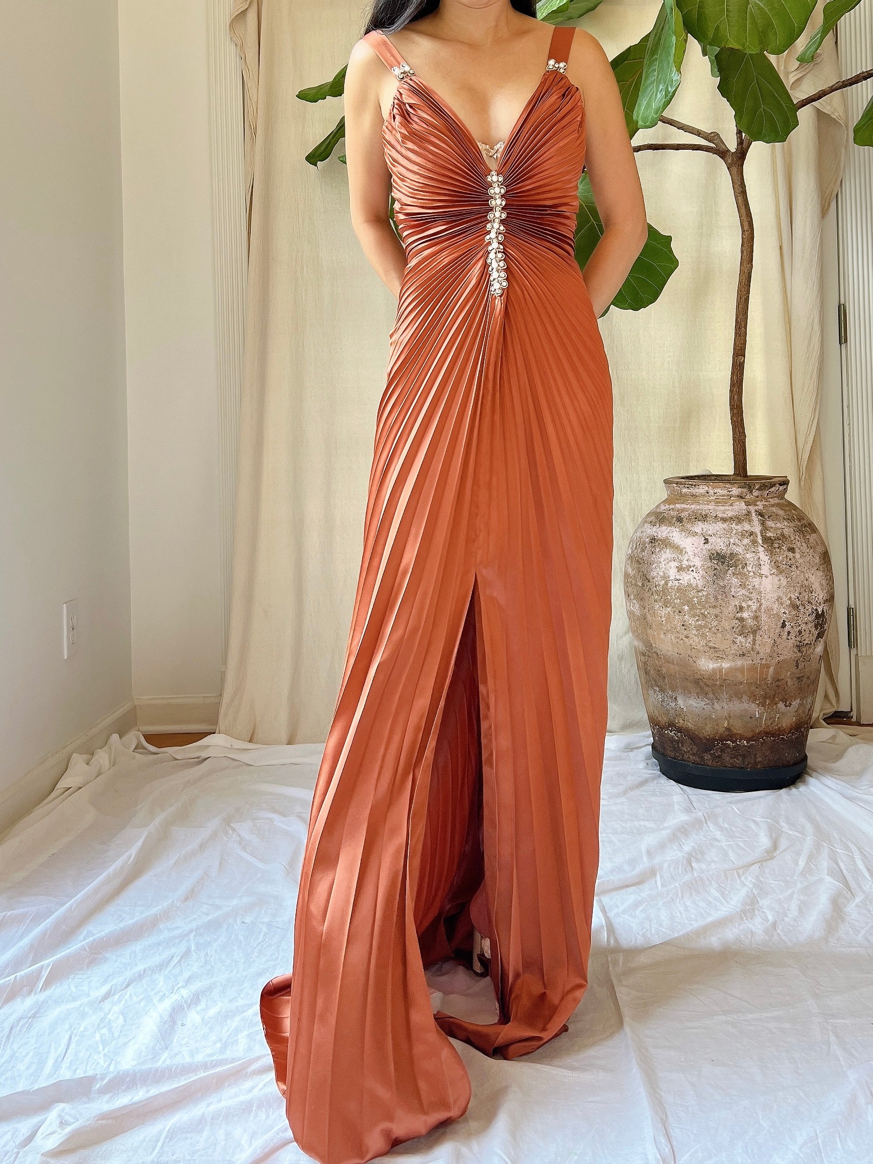 Vintage Satin Pleated Rust Gown - M