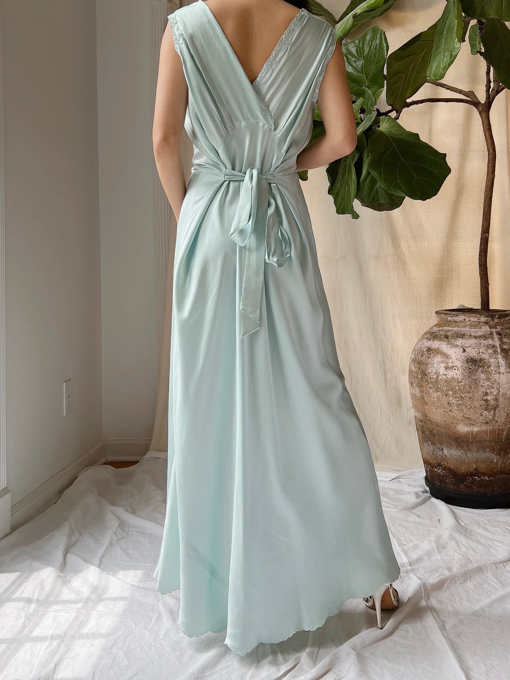 1940s Light Blue Silk Cutout Slip Dress - M