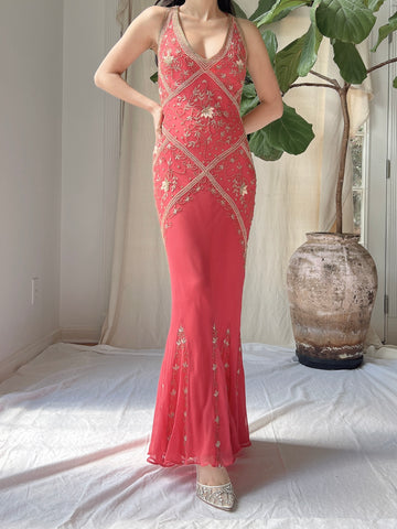 Vintage Coral Red Silk Bias Cut Dress - XS