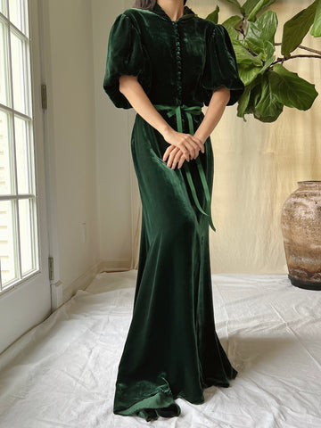 1930s Emerald Silk Velvet Gown - S