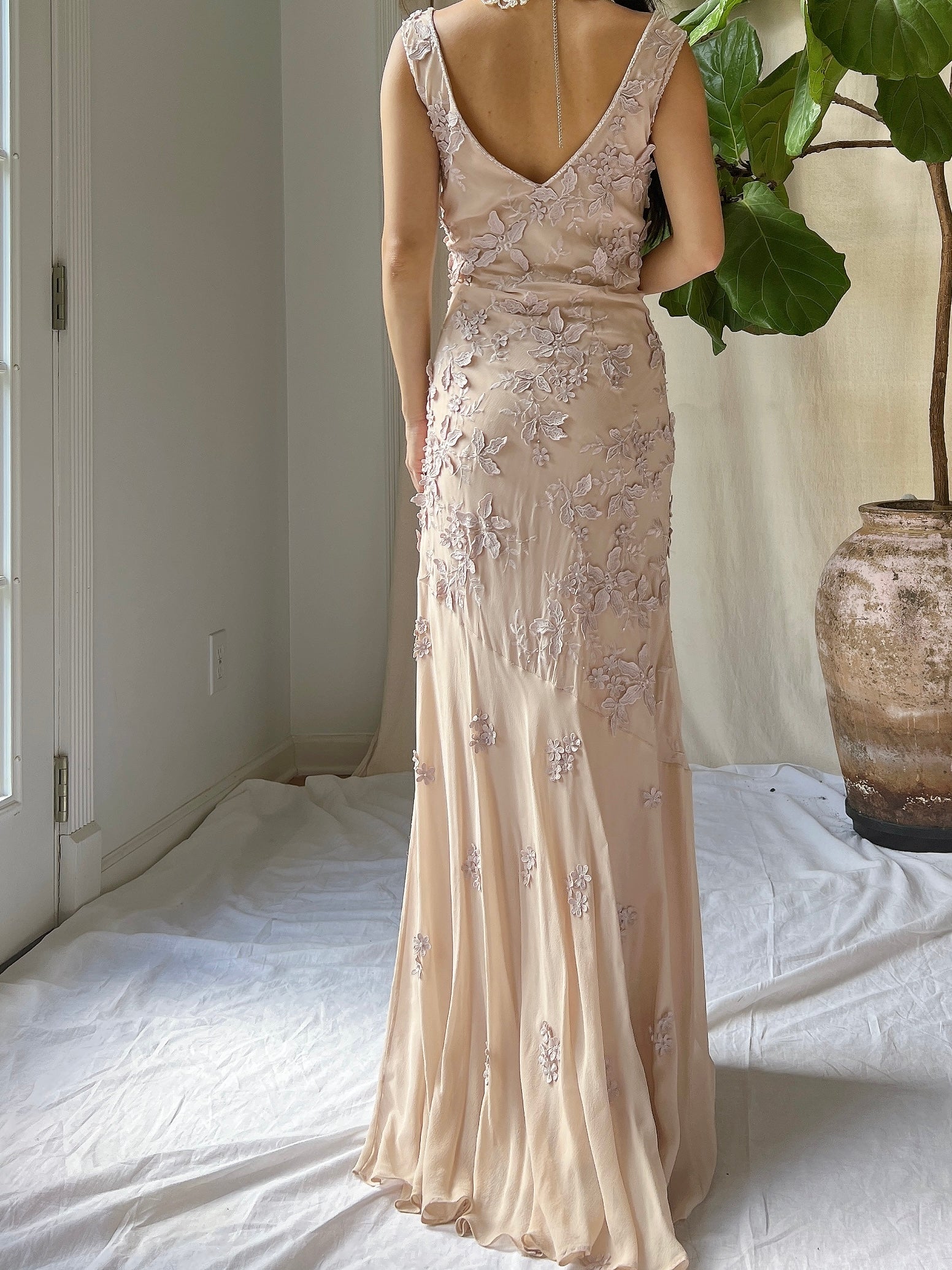 Vintage Silk Dusty Rose Applique Gown - M