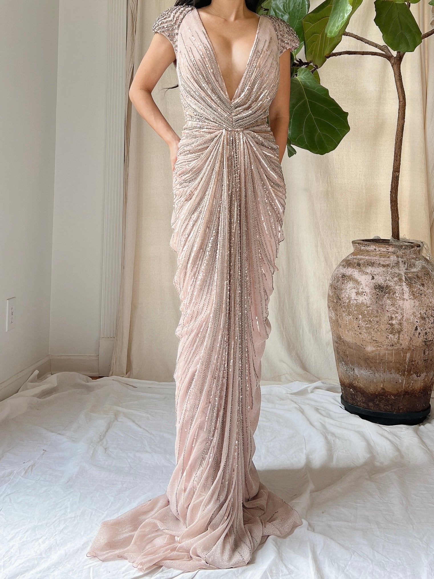 Duster Rose Alberto Makali Beaded Draped Dress - M/8-10 | G O S S A M E R Duster Rose Alberto Makali Beaded Draped Dress - M/8-10 | G O S S A M E R
