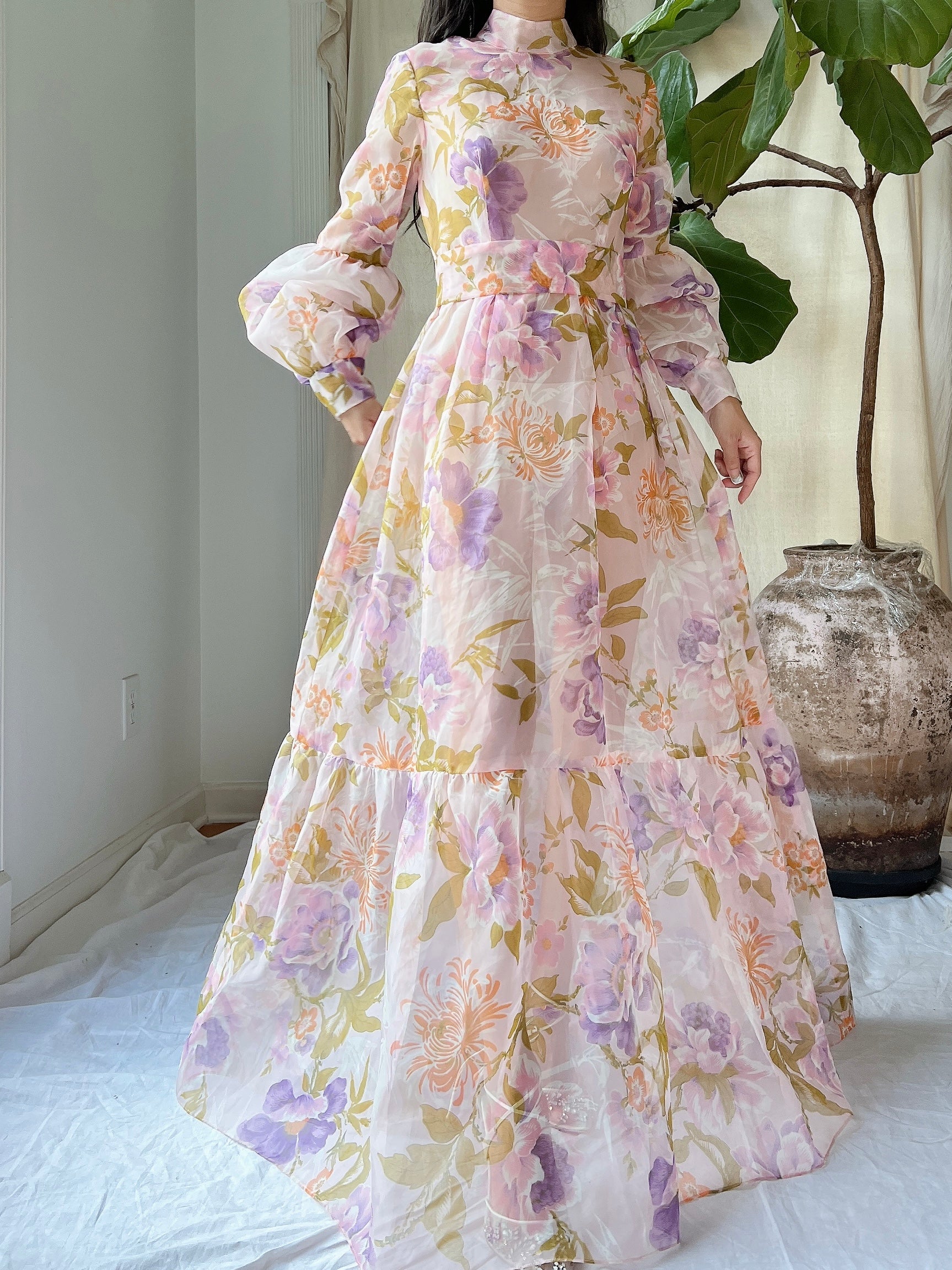 Vintage Juliet Sleeves Sheer Floral Voile Gown - S/M