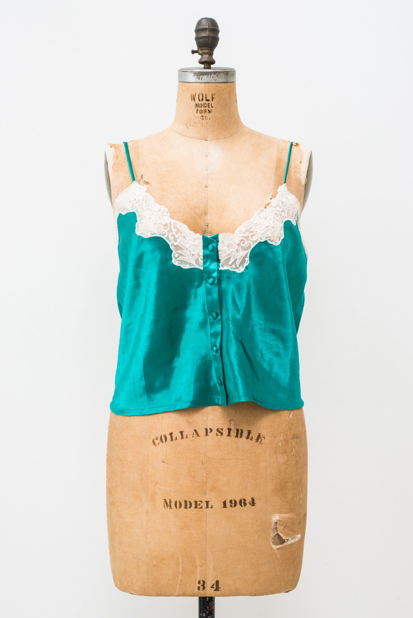 1980s Green Satin and Lace Top - L