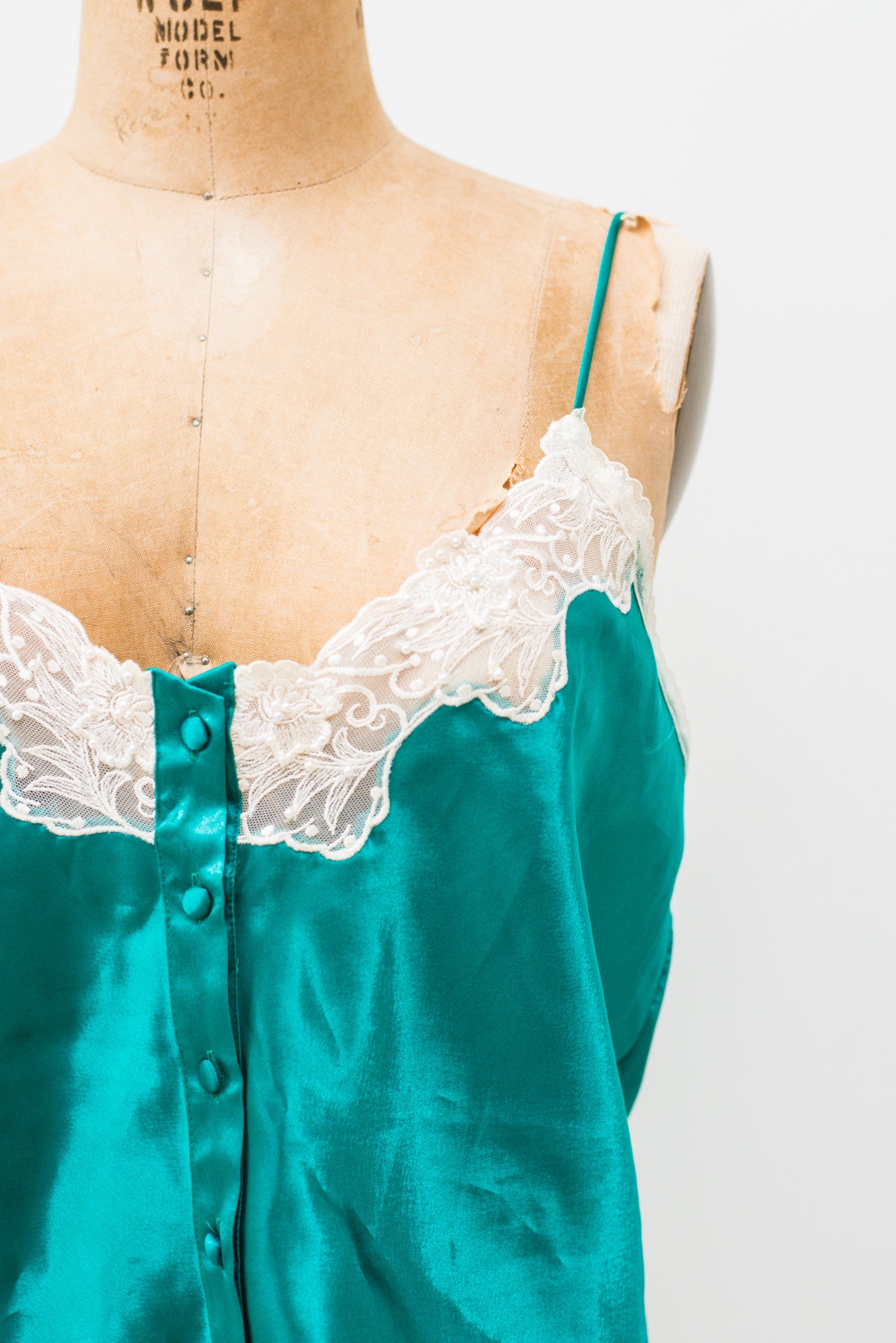 1980s Green Satin and Lace Top - L
