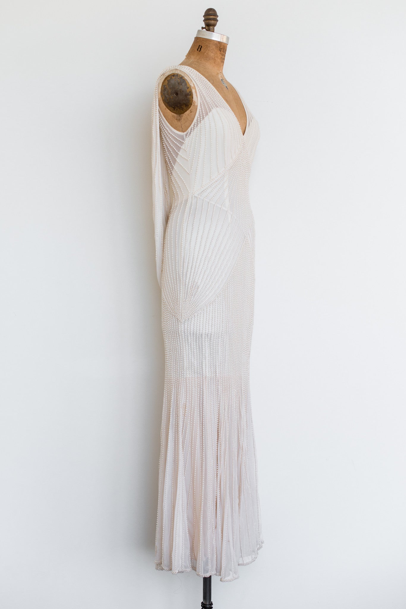 1980s Bias Cut Tulle Pearl-Beaded Gown - S/M