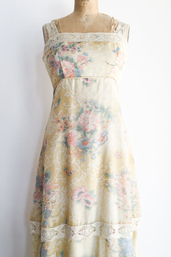 1970s Yellow Cotton Floral Maxi Dress - S