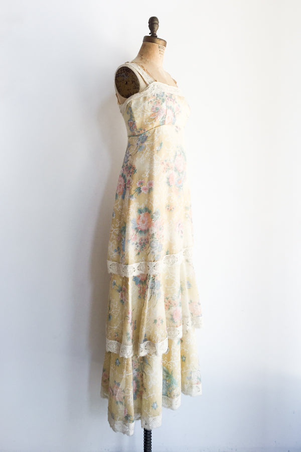 1970s Yellow Cotton Floral Maxi Dress - S