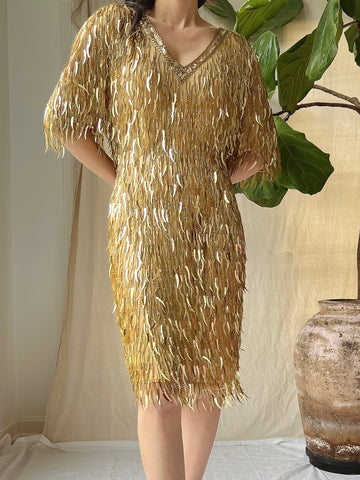 Vintage Gold Silk Embellished Dress - M