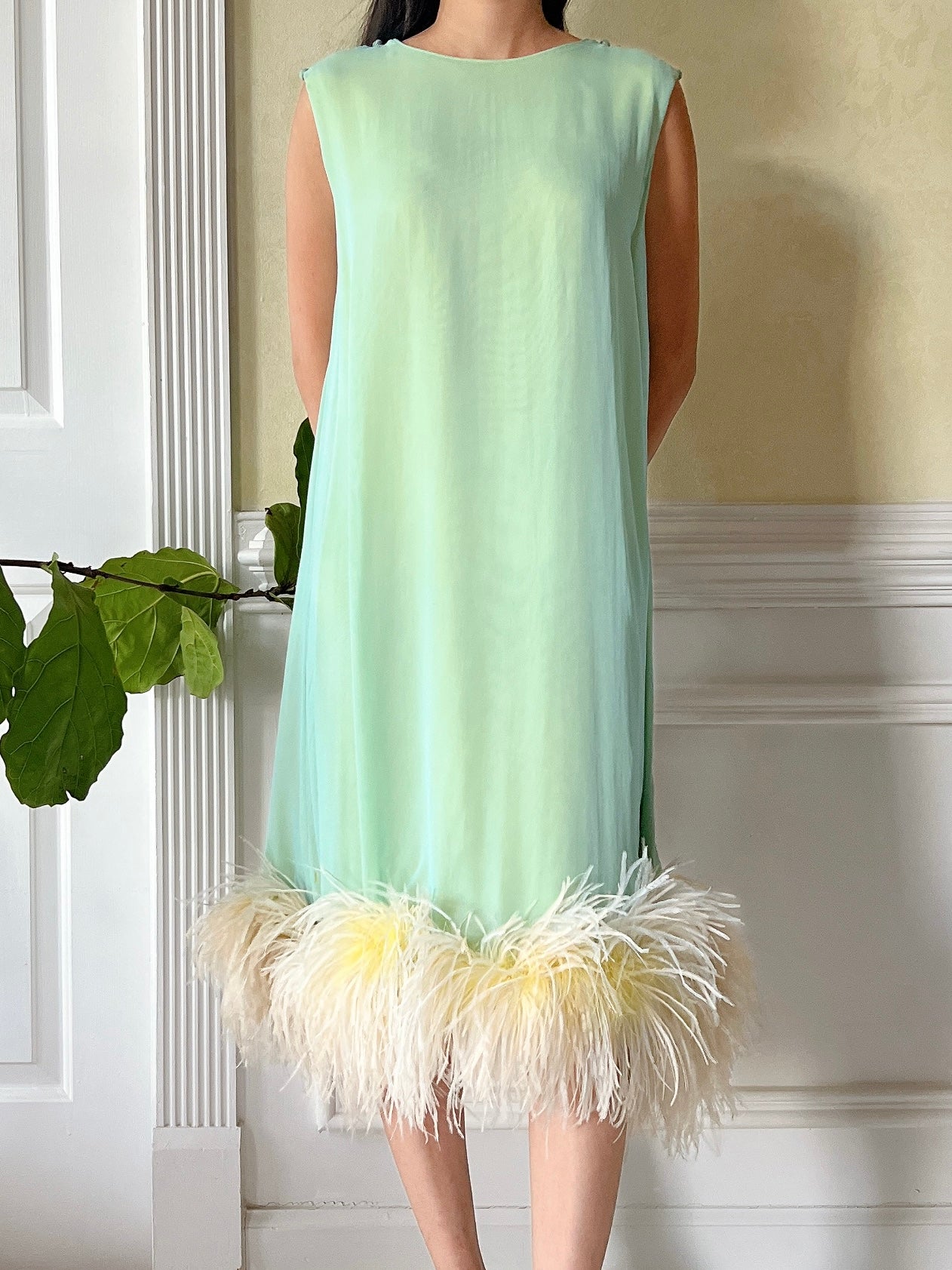 1960s Mint and Yellow Chiffon Feather Dress - S