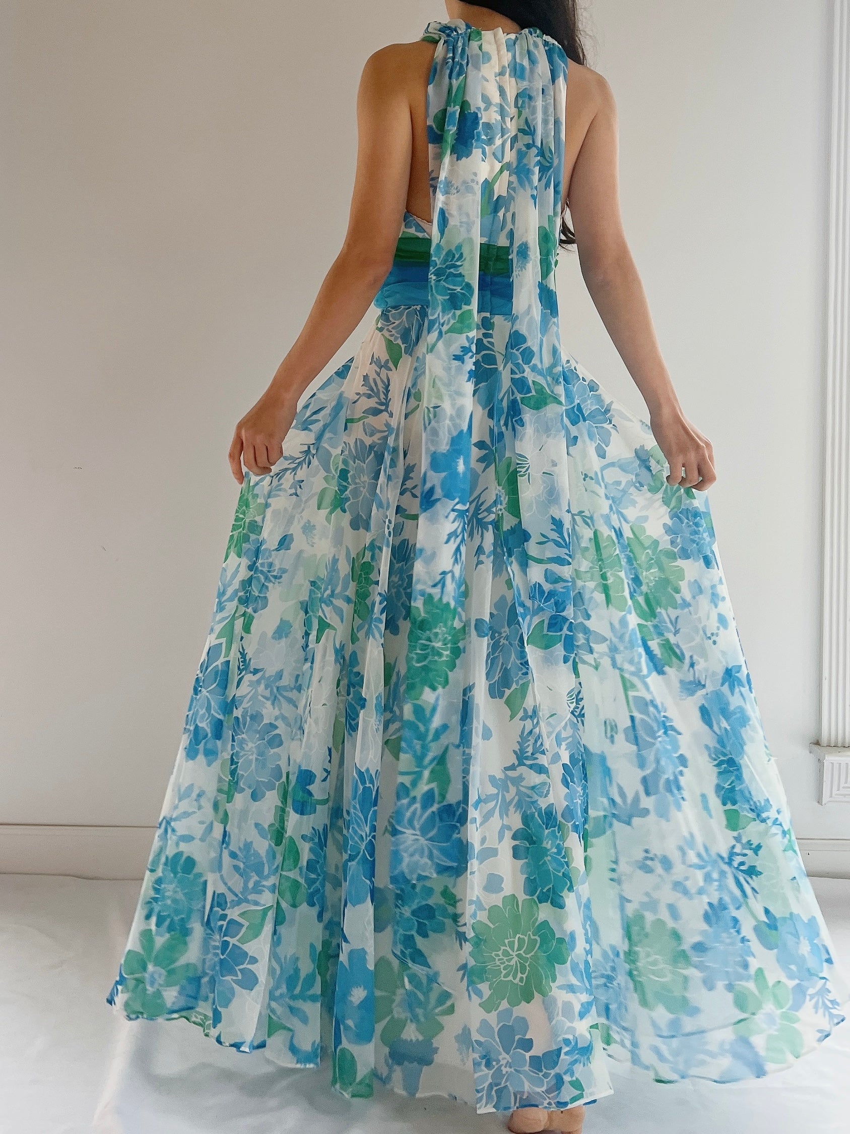 1960s Chiffon Floral Halter Dress - S