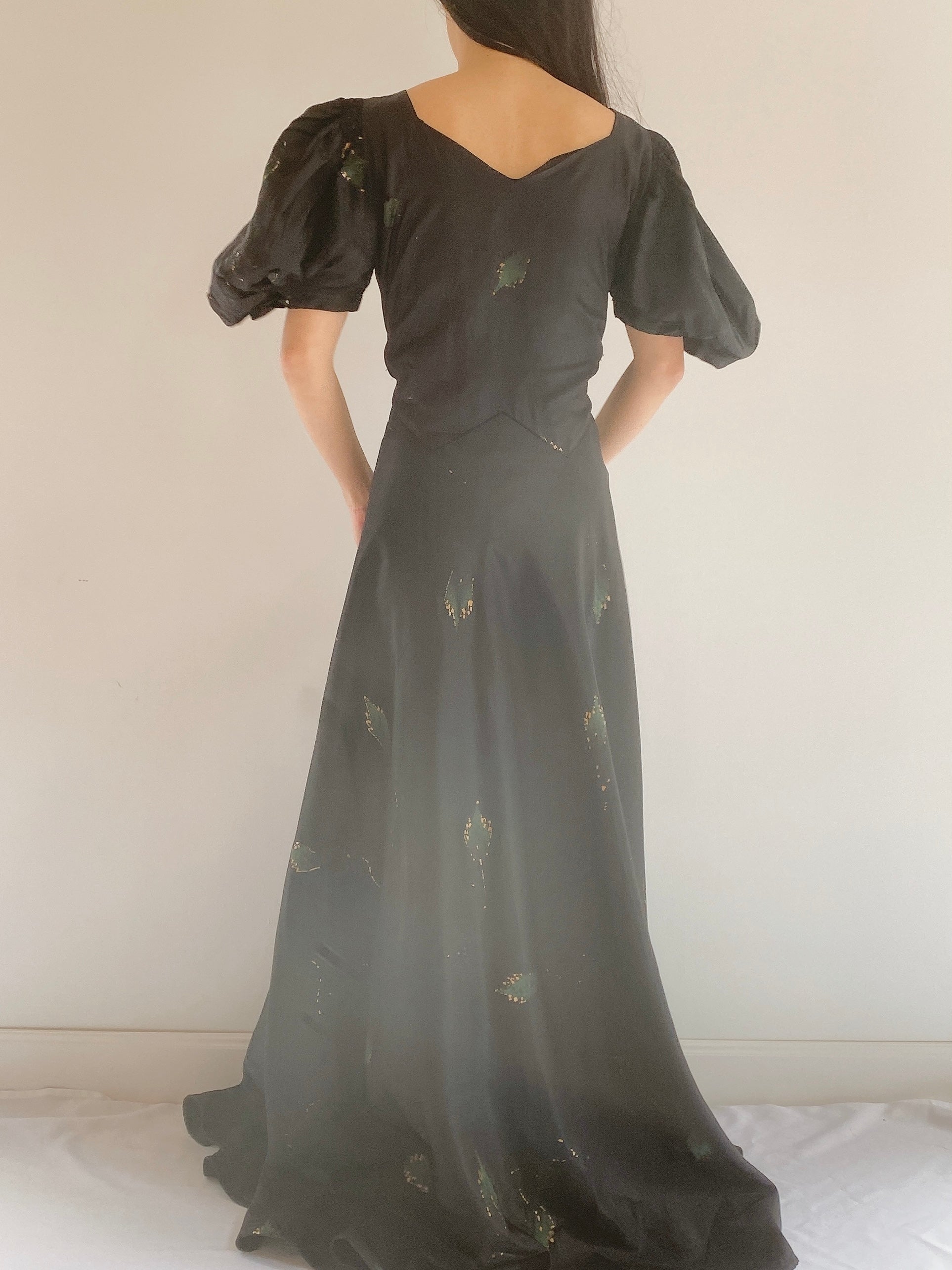 1930s Puff Sleeve Painted Gown - XS