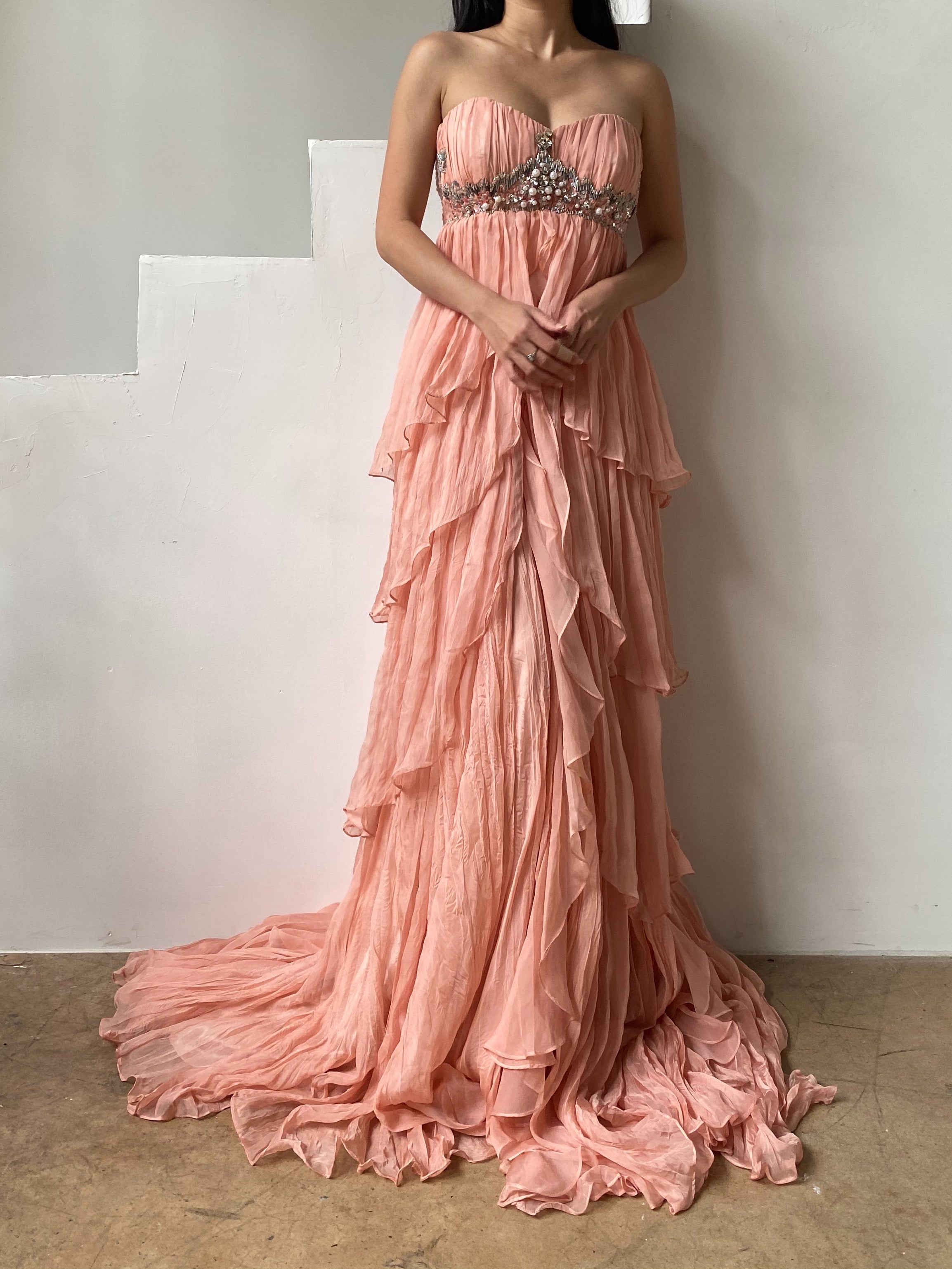 Feminine Sexy Pink Ruffle Layered Prom Dress Chic Formal Ball Gown –  FloraShe