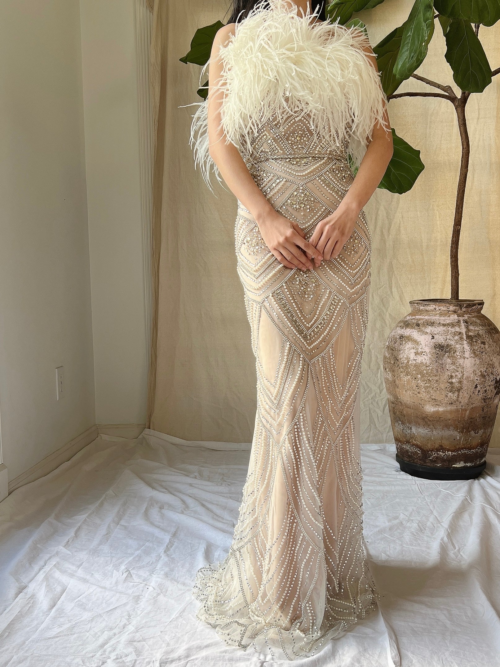 1990s Crystals Ivory/Nude Gown with Feathers - XS