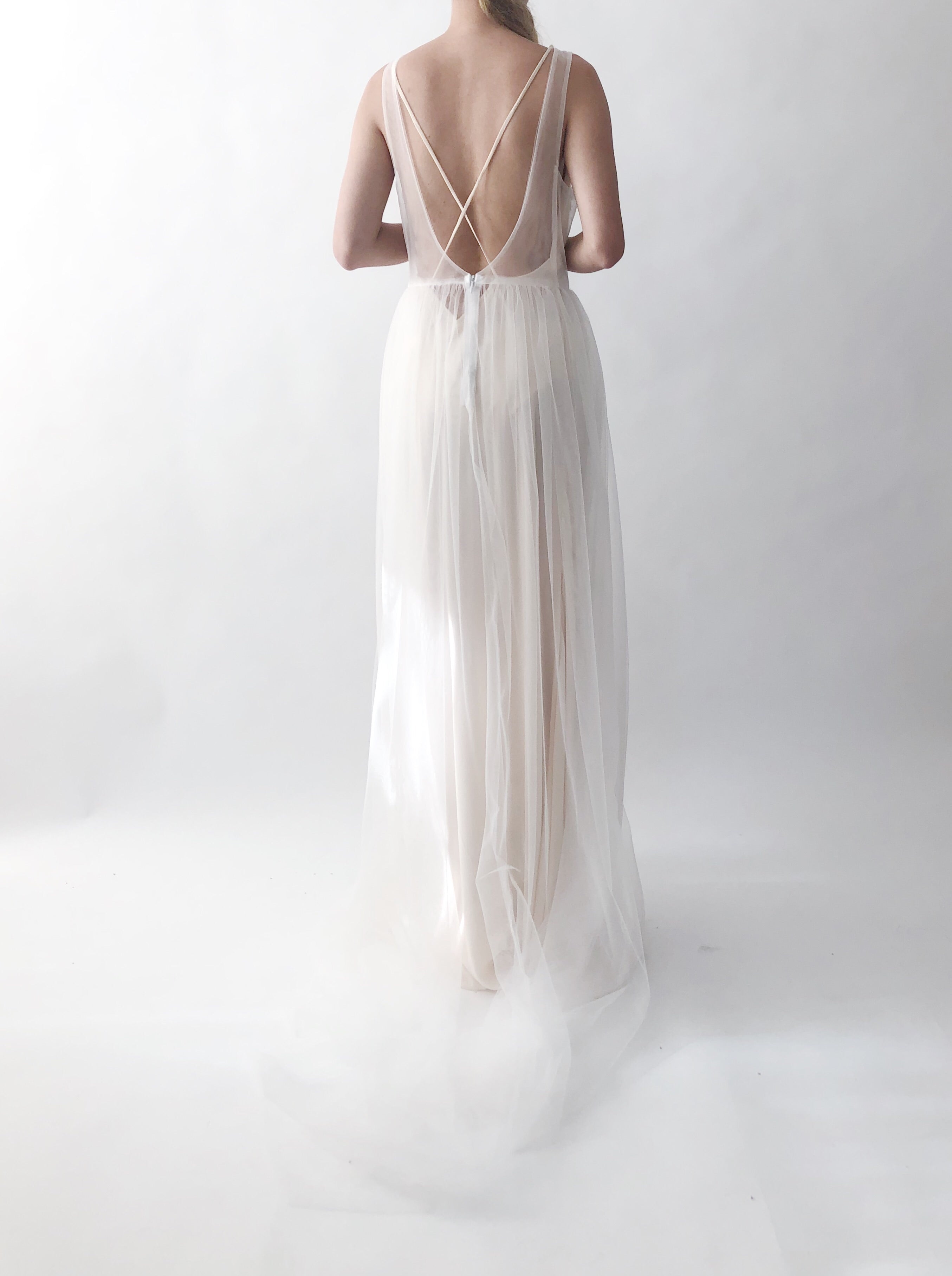 GOSSAMER Sheer Ivory Tulle Gown with Appliqué - 4/6