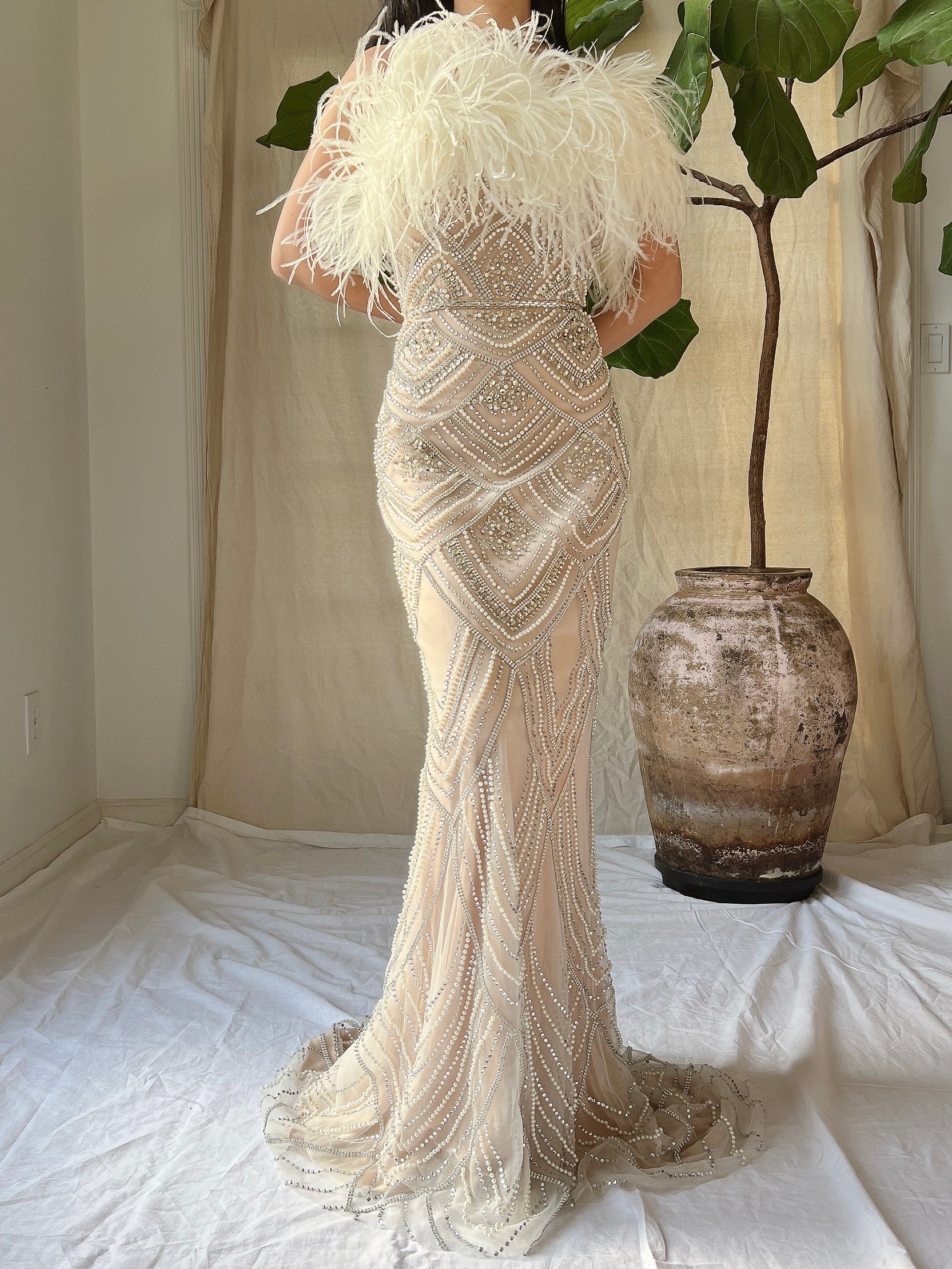 1990s Crystals Ivory/Nude Gown with Feathers - XS