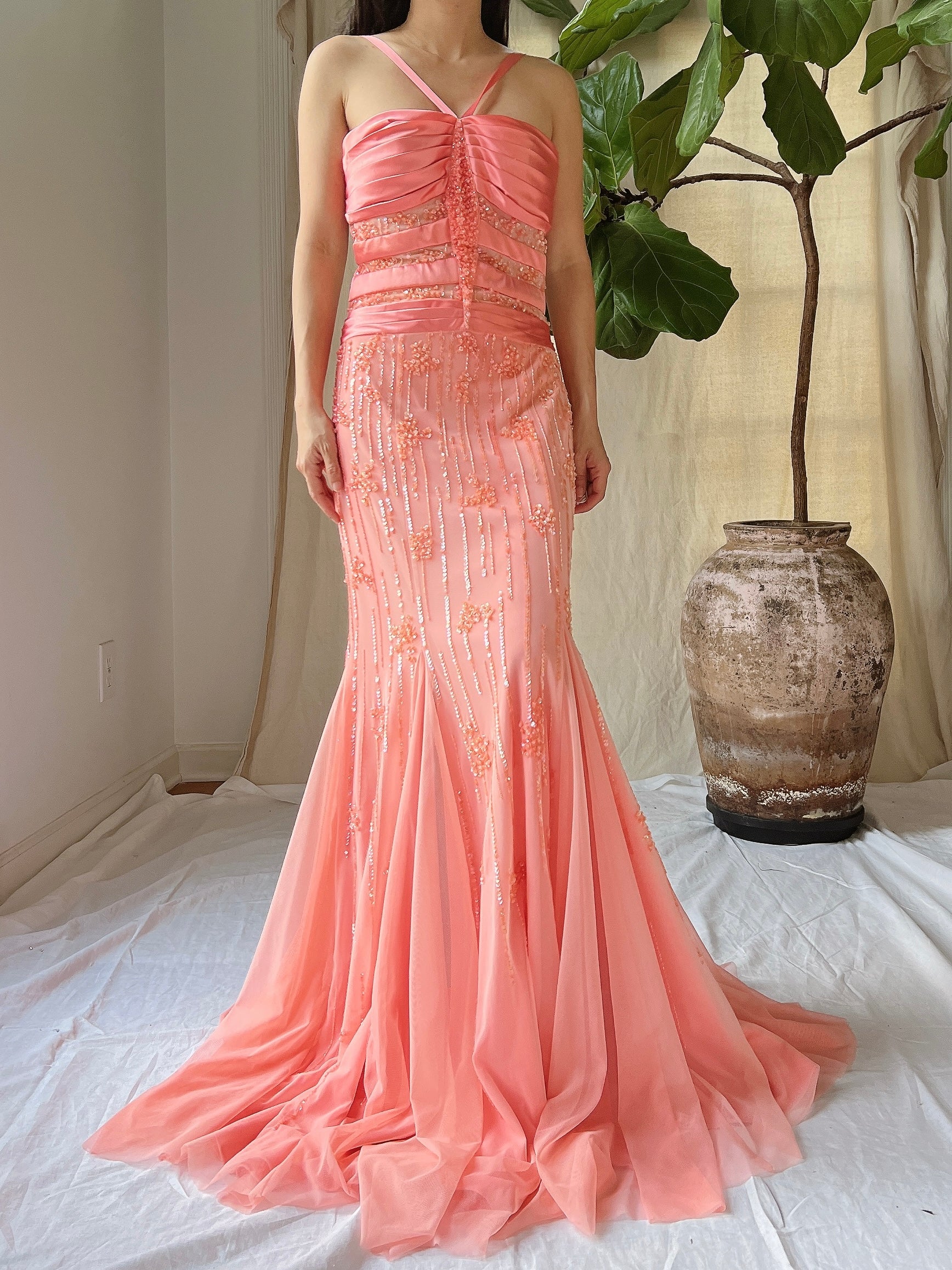 Vintage Sherbet Tulle Beaded Gown - M