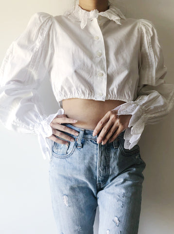 1970s Cotton Puffed Sleeves Cropped Top - S/M