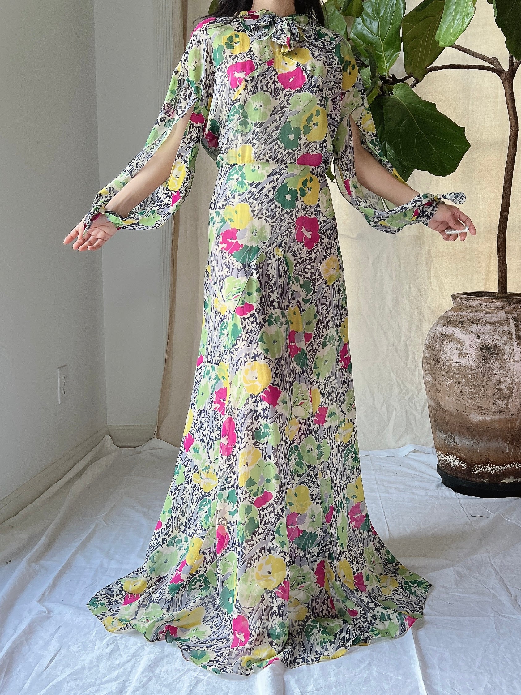 1930s Silk Chiffon Floral Gown - M