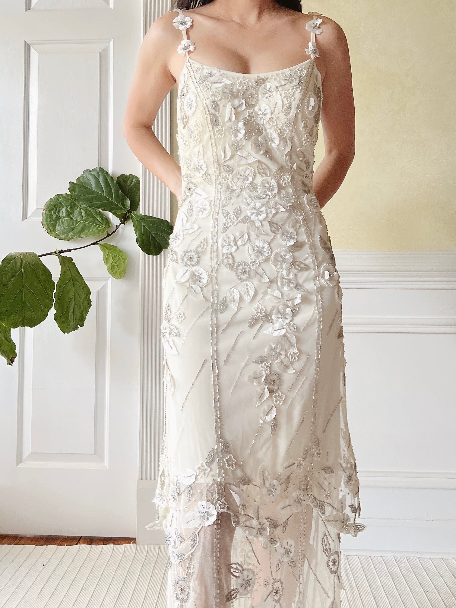 1980s Tulle Beaded Silk Flower Applique Dress - S