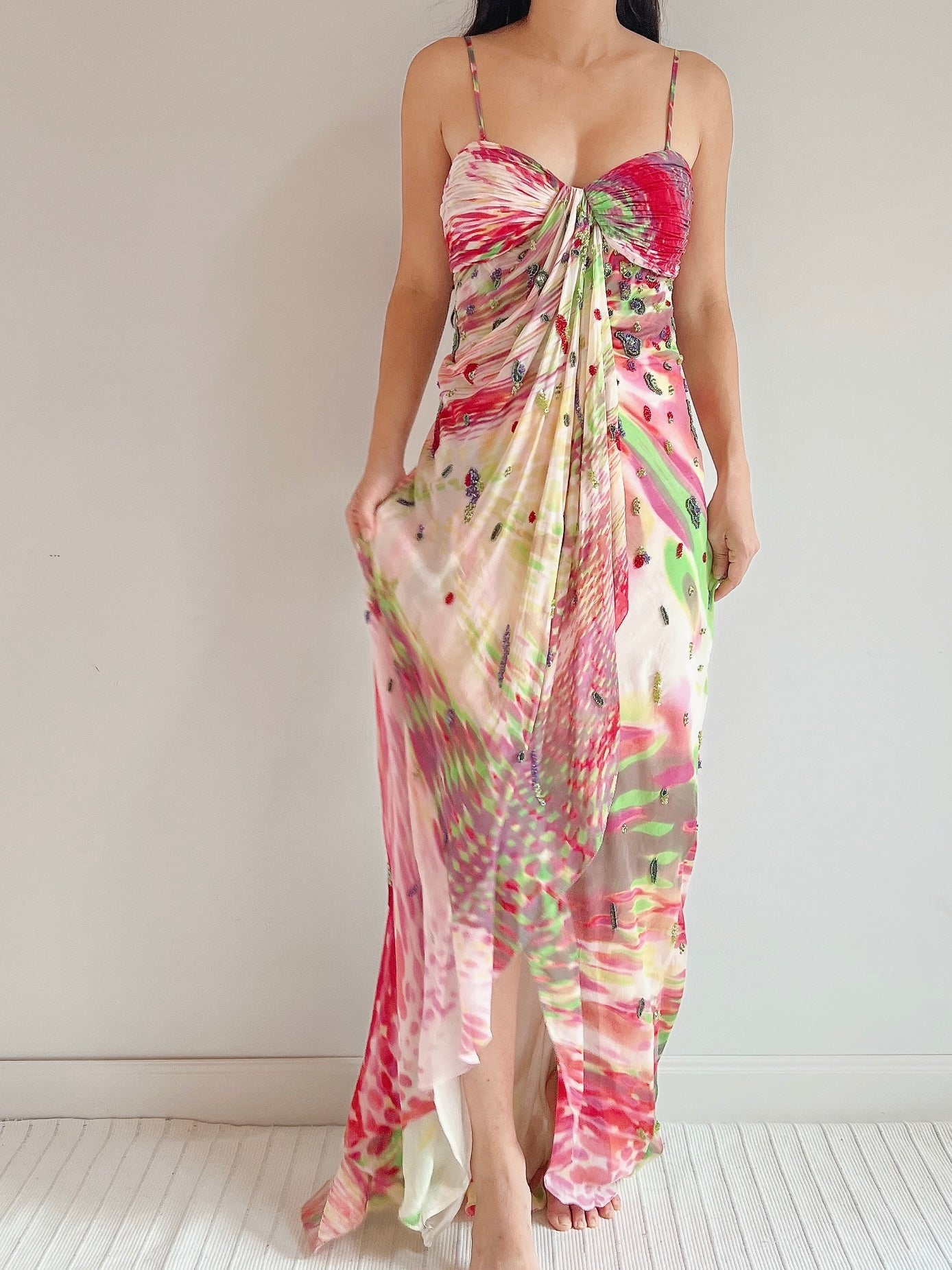 1990s Silk Floral Print Beaded Gown - M