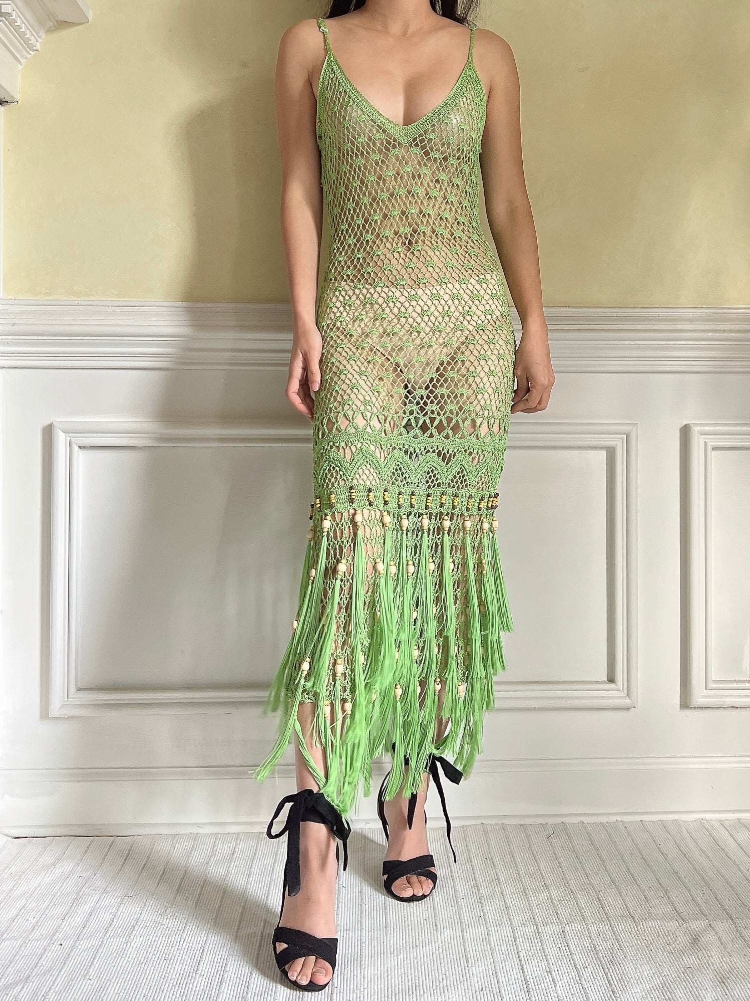 Vintage Light Green Fringe Crochet Dress - S-M | G O S S A M E R Vintage Light Green Fringe Crochet Dress - S-M | G O S S A M E R