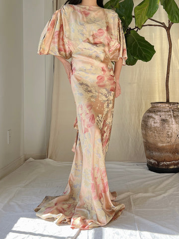 1930s Silk Floral Dress - M