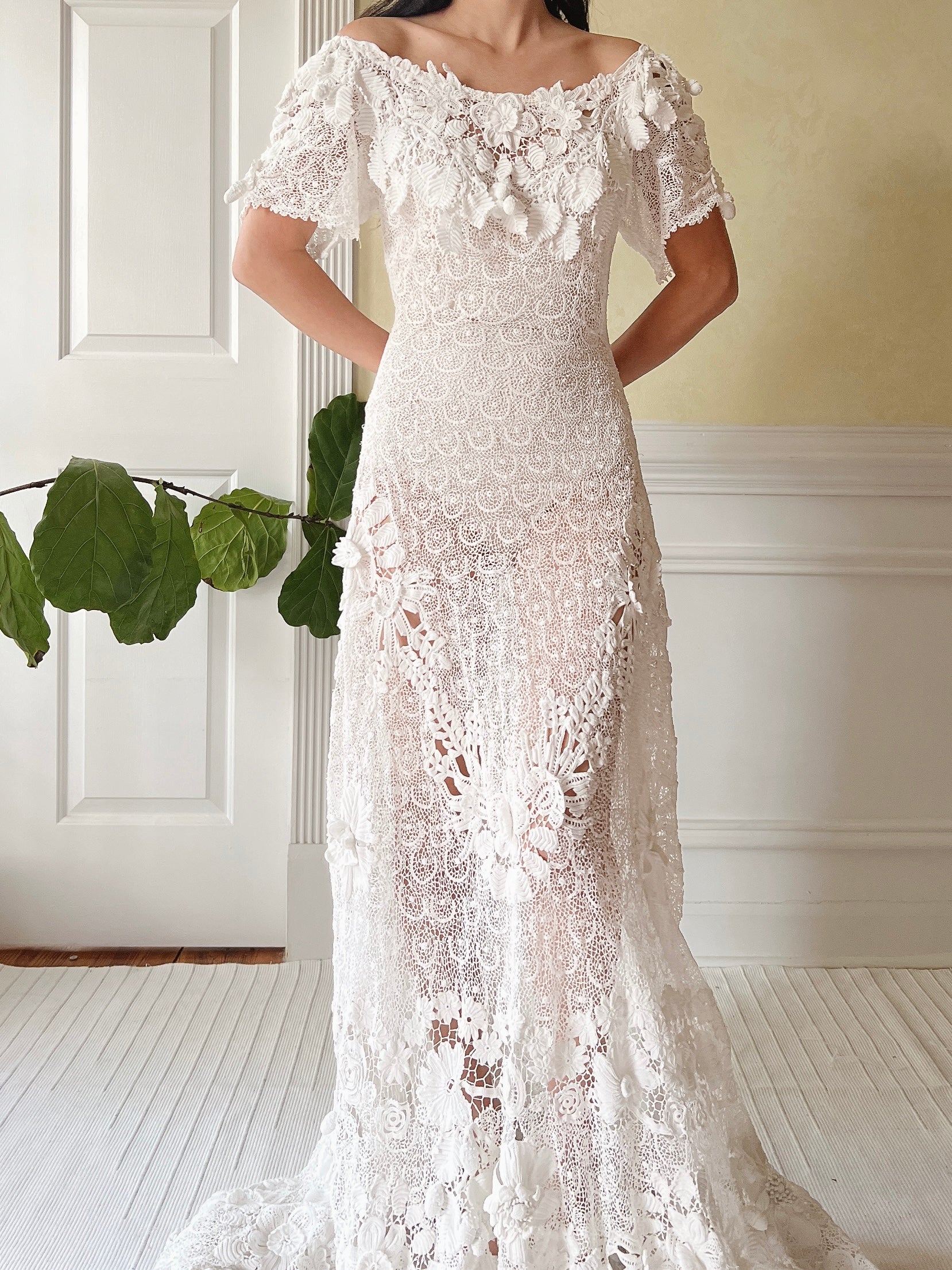 One-of-a-Kind Antique Irish Lace Trained Gown - XS