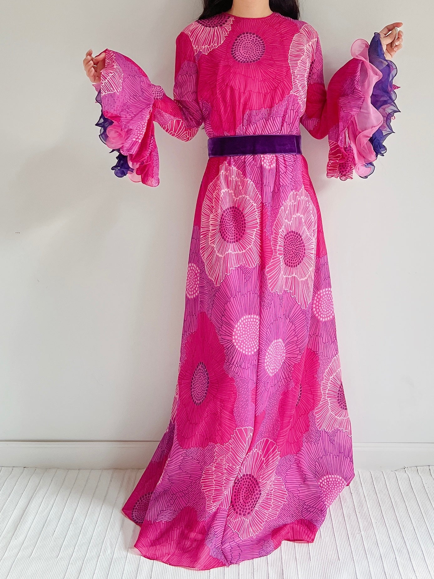 1960s Chiffon Floral Maxi Dress  - M
