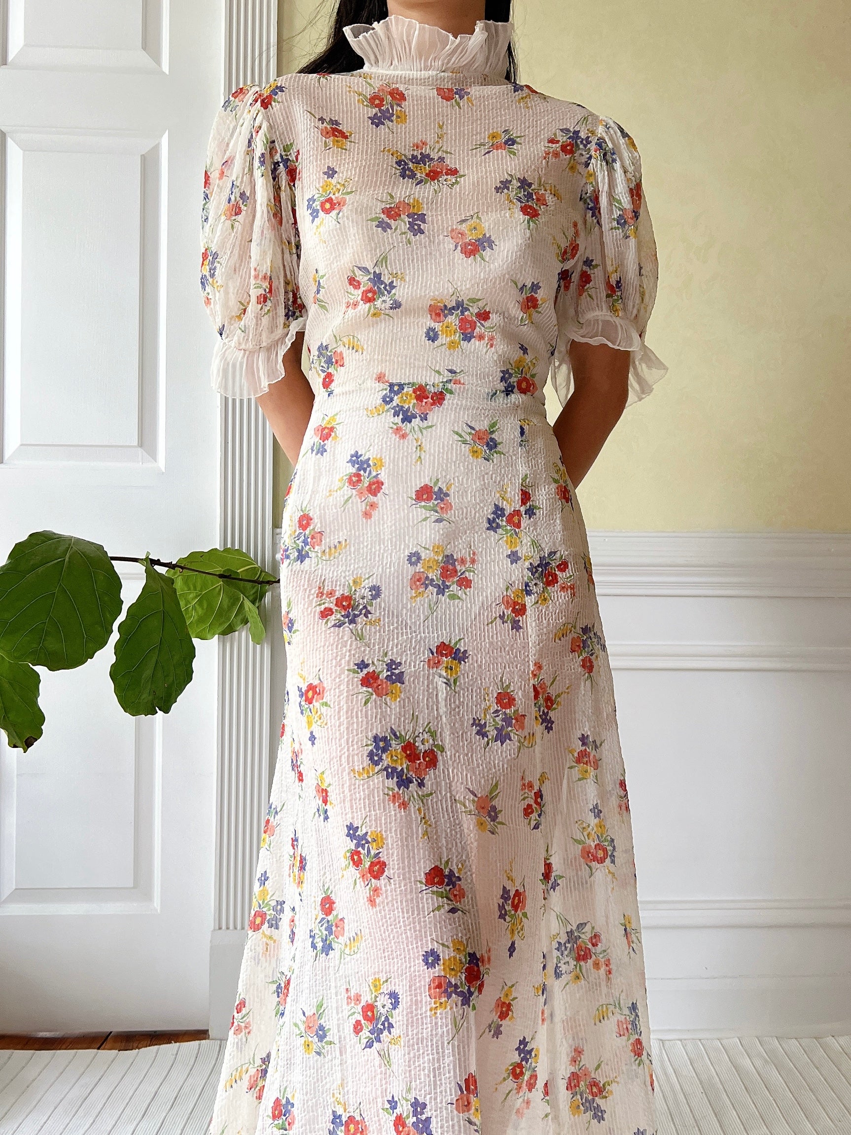 1930s Textured Floral Organdy Dress - S/M
