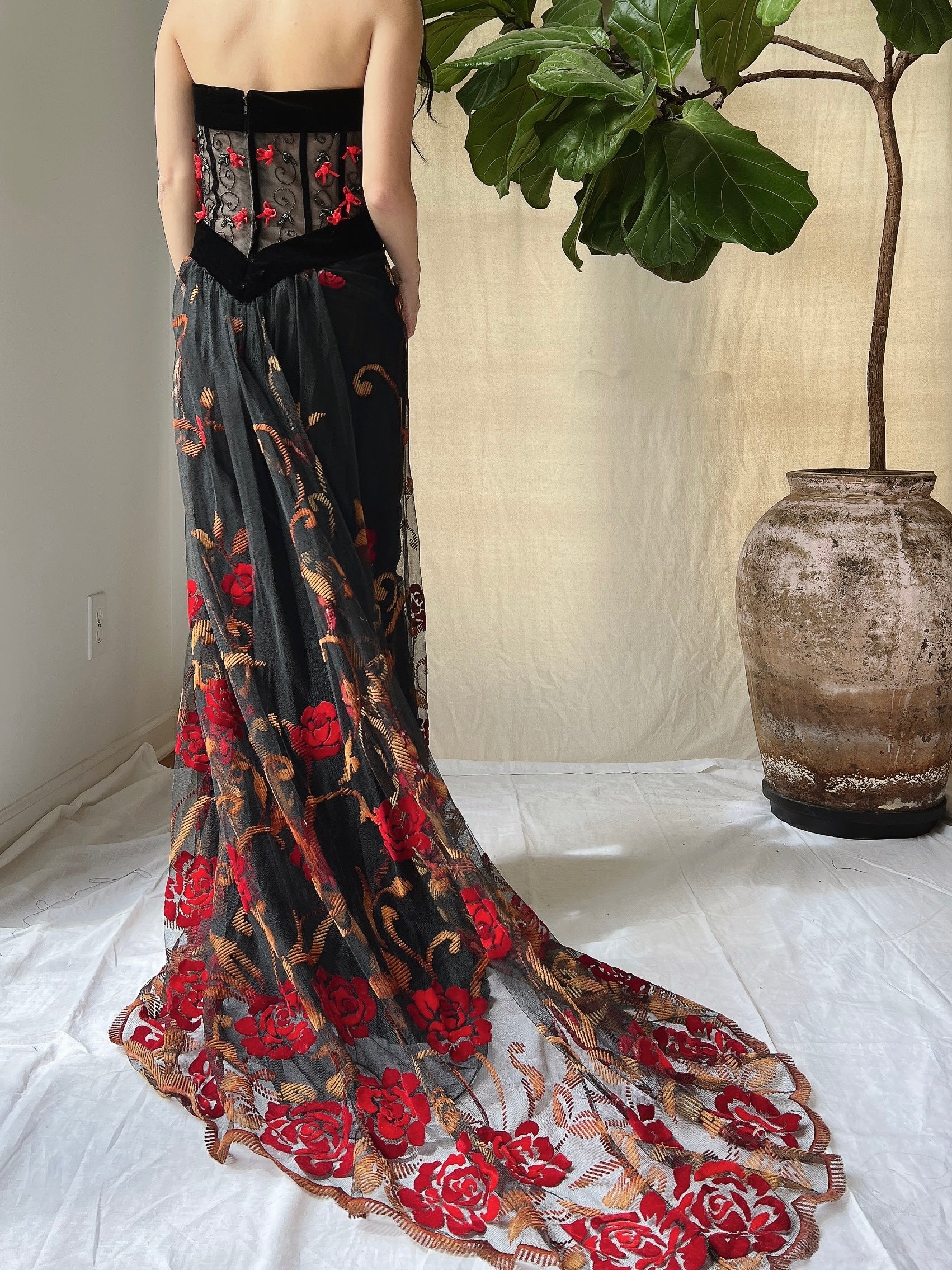 Vintage Floral Strapless Dress - L