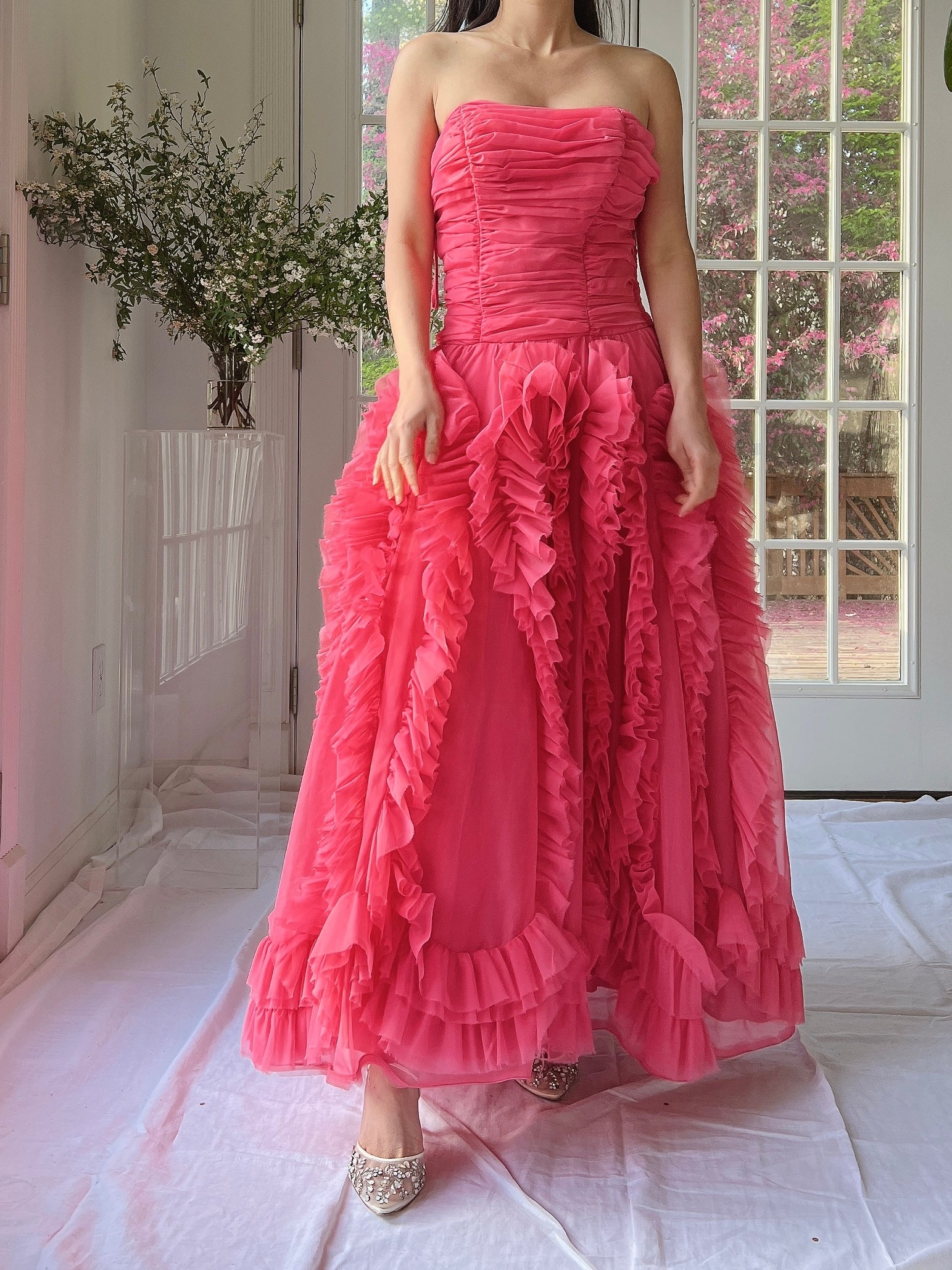 1960s Hot Pink Ruffle Dress - S