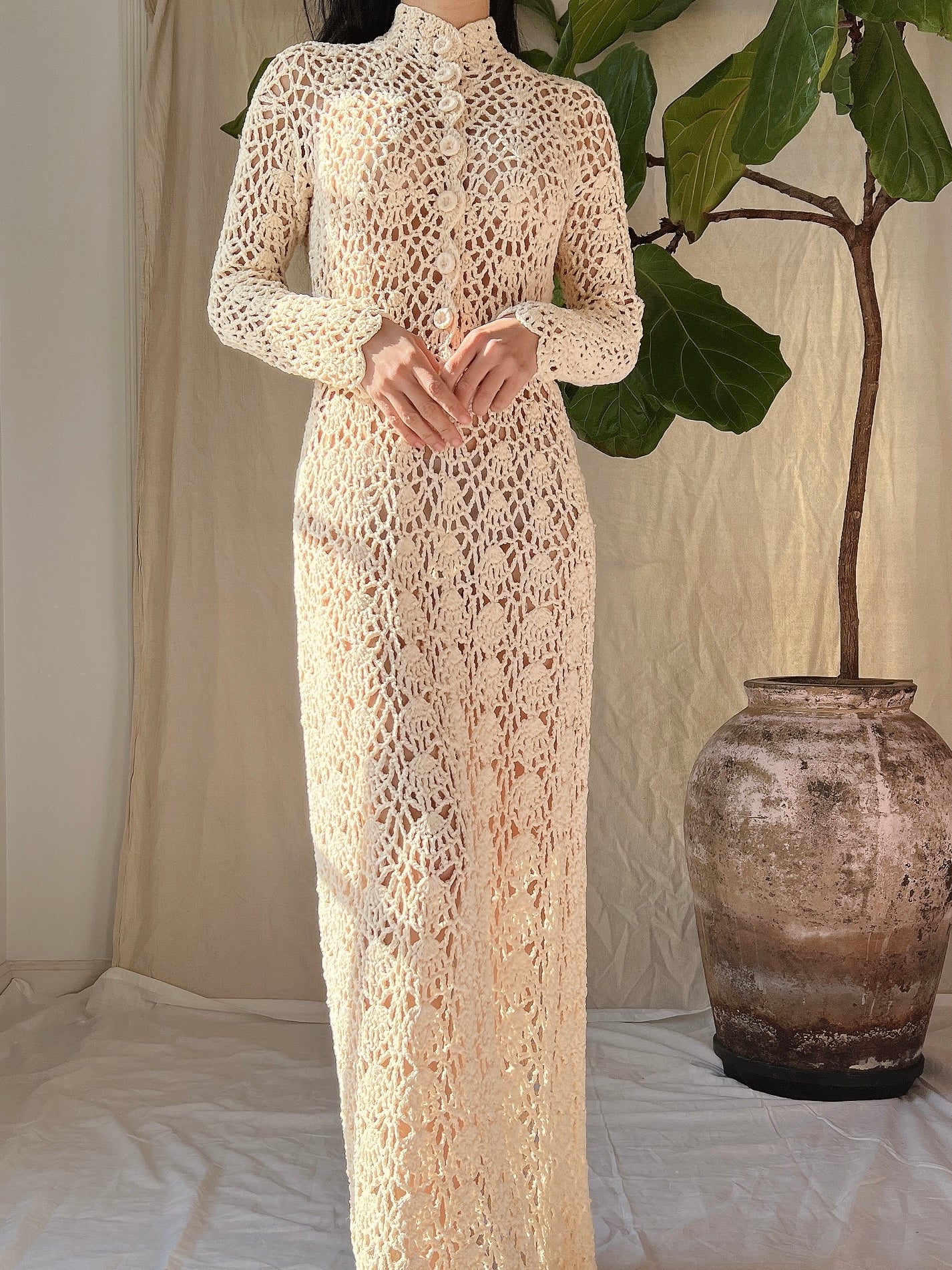 1970s Long Sleeves Crochet Dress - S-M
