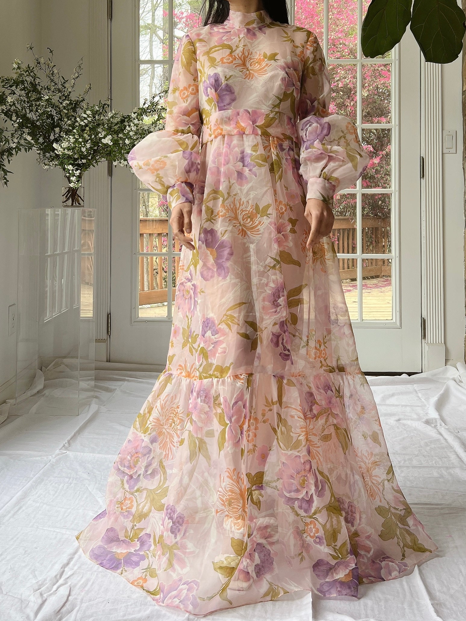 Vintage Sheer Pink Floral Voile Dress - M