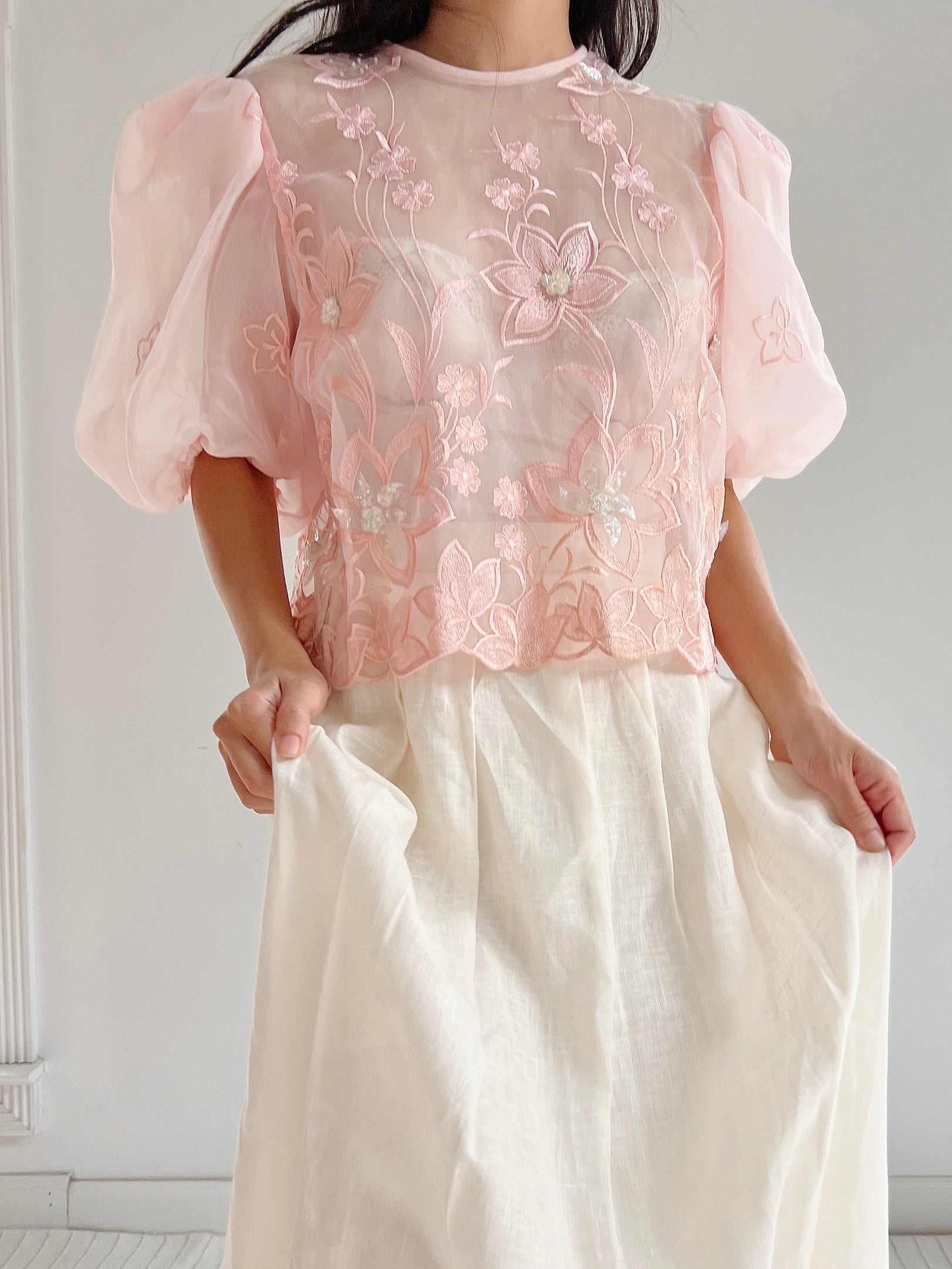 Vintage Voile Organza Embroidered Top - M