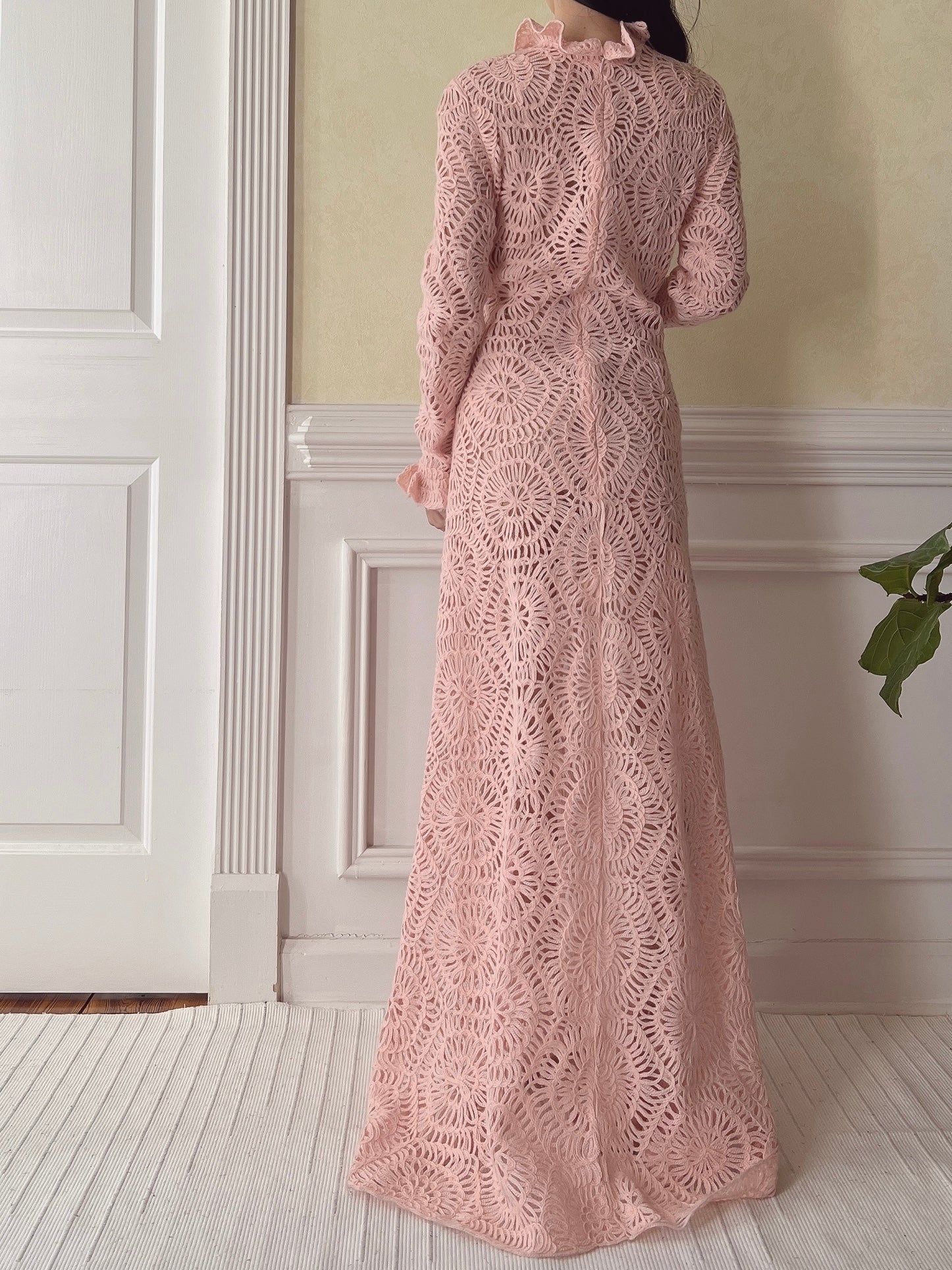 Vintage Pink Crochet Gown - M