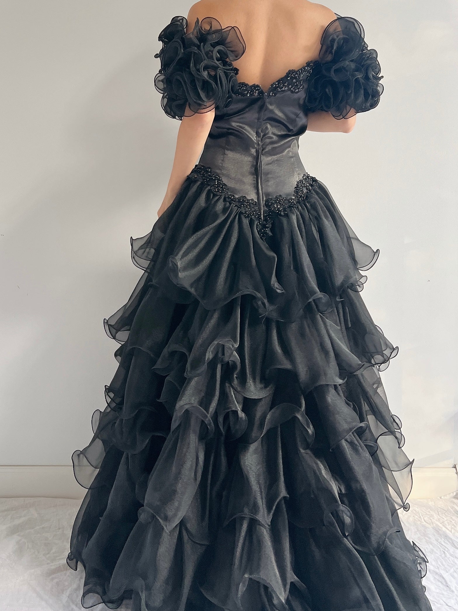 Vintage Black Ruffle Organza Dress - S