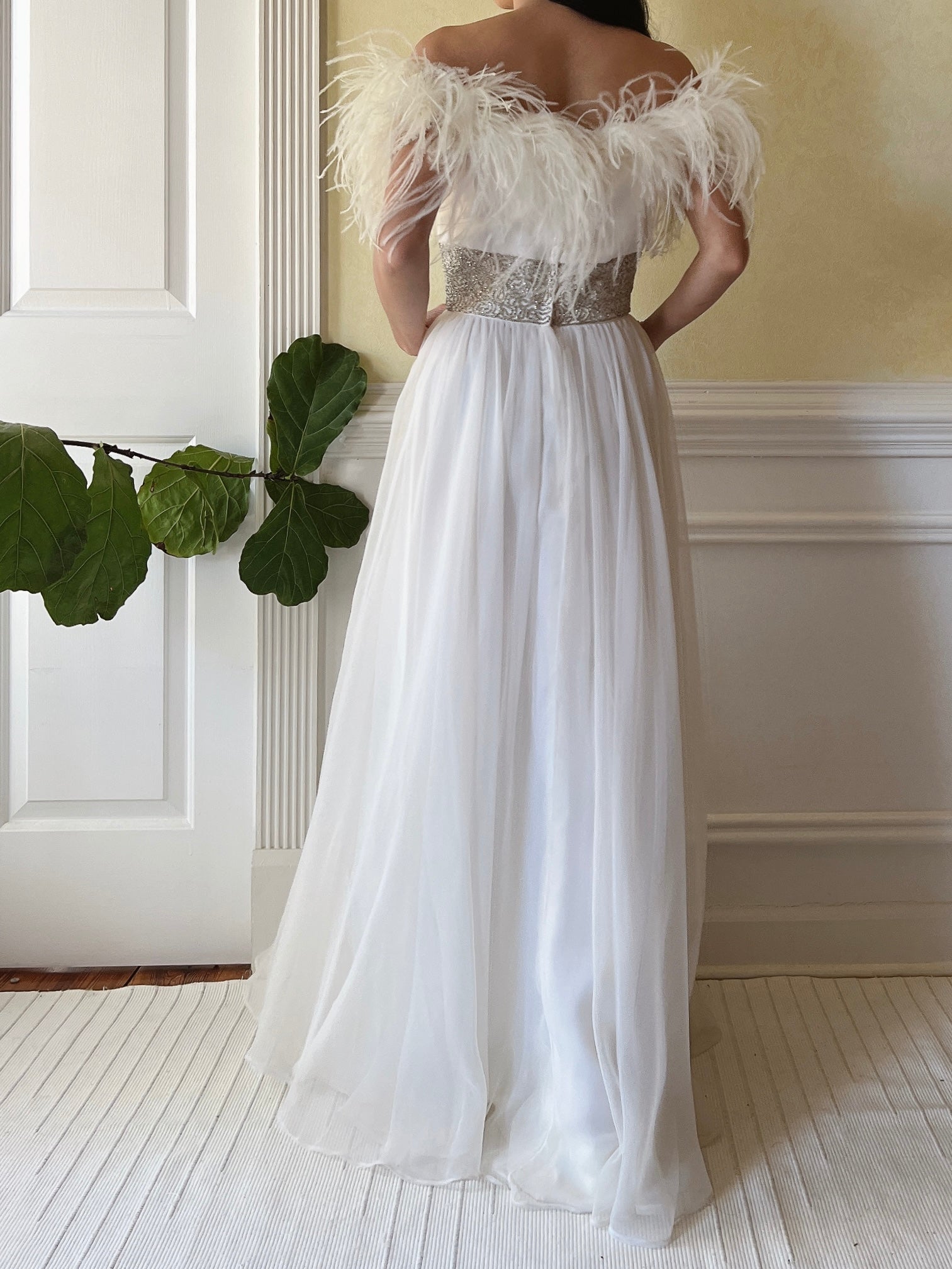 tulle chiffon and gossamer dress Enchanted Silver Gossamer Gown With Embellished Floral Detail