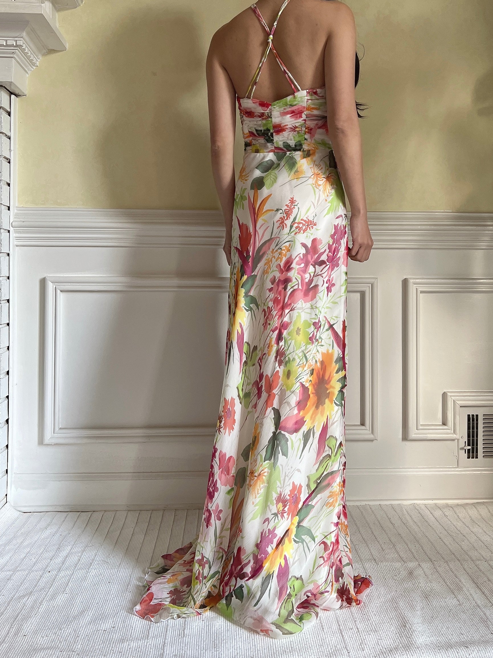 Vintage Halter Beaded Silk Floral Gown - S