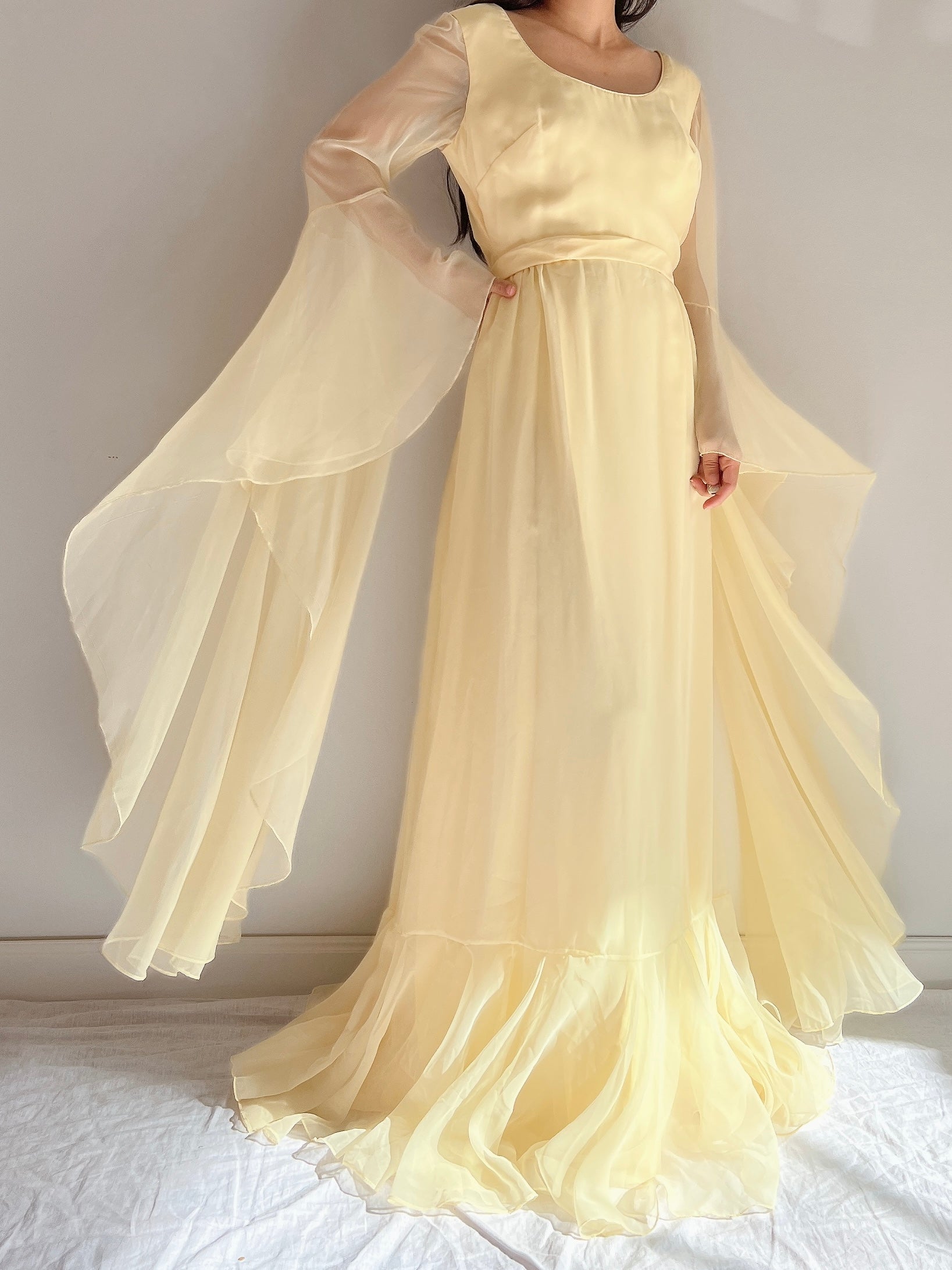 1960s Angel Sleeves Chiffon Gown - S