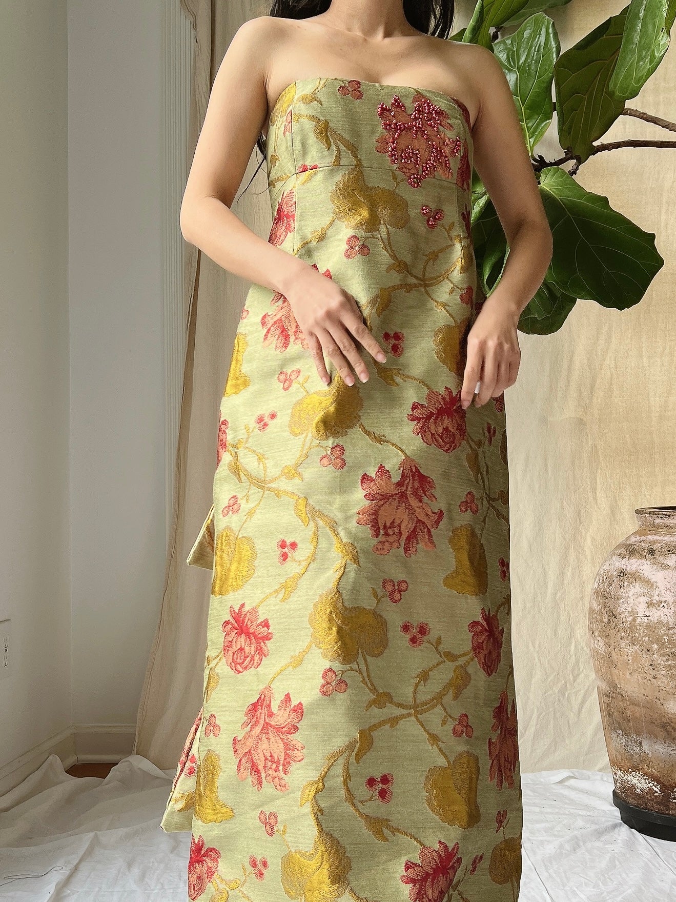 Vintage Olive Silk Brocade Tapestry Gown - M