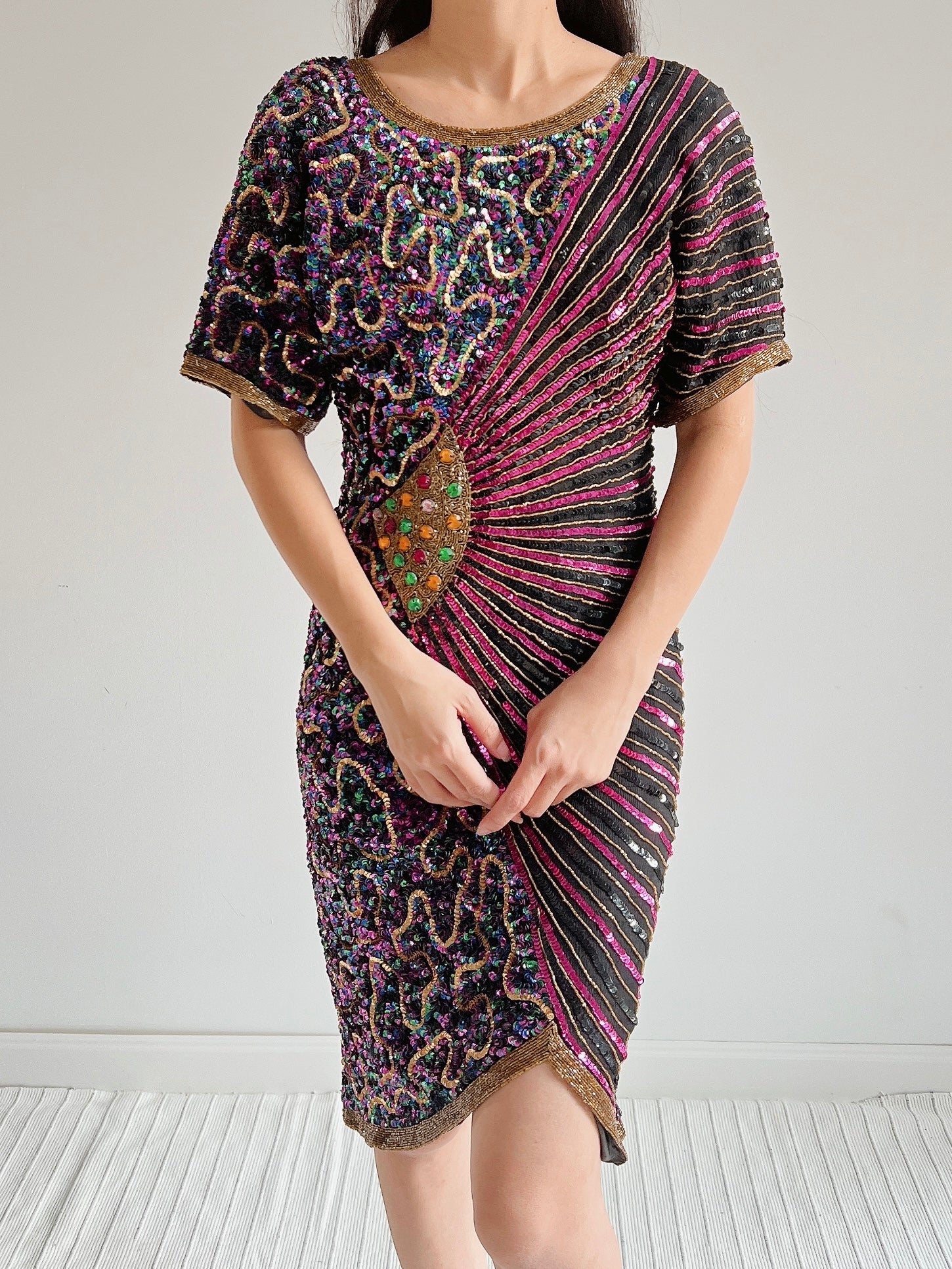 1980s Abstract Silk Beaded Dress - S