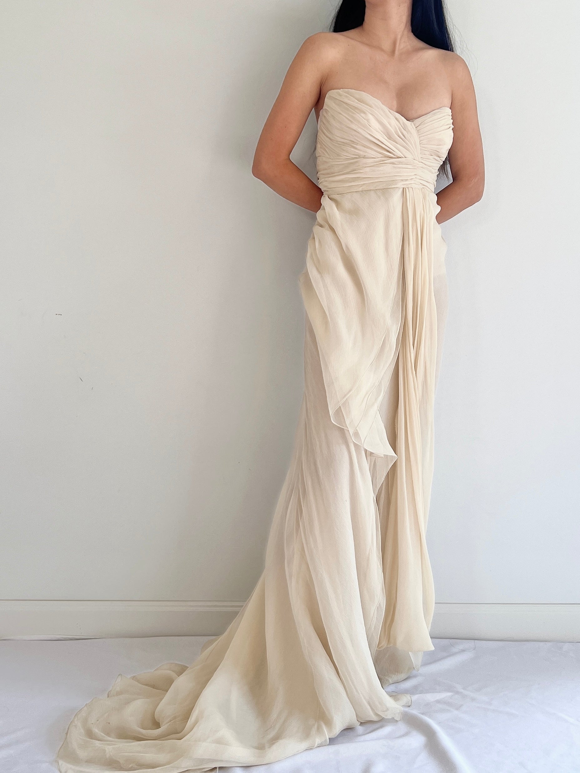 j mendel gold dress J. Mendel Gold Silk Drape Gathered Dress With Jewel Embellishments~Size 4~USA