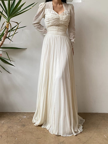 1940s Ruche Long Sleeve Chiffon Gown- S